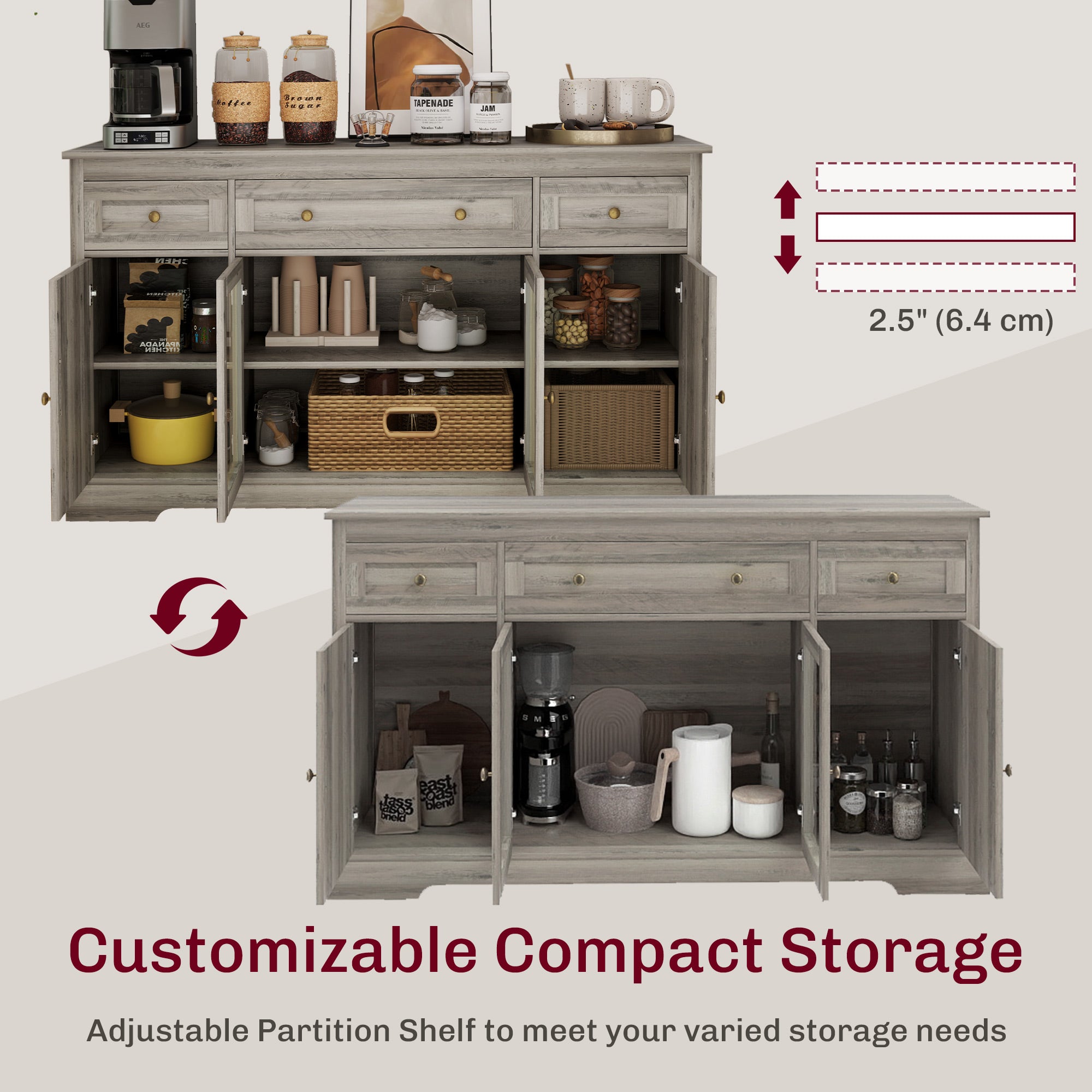 Weathered Grey Oak Buffet Sideboard with Glass Doors, Adjustable Shelves-DECOROLALA