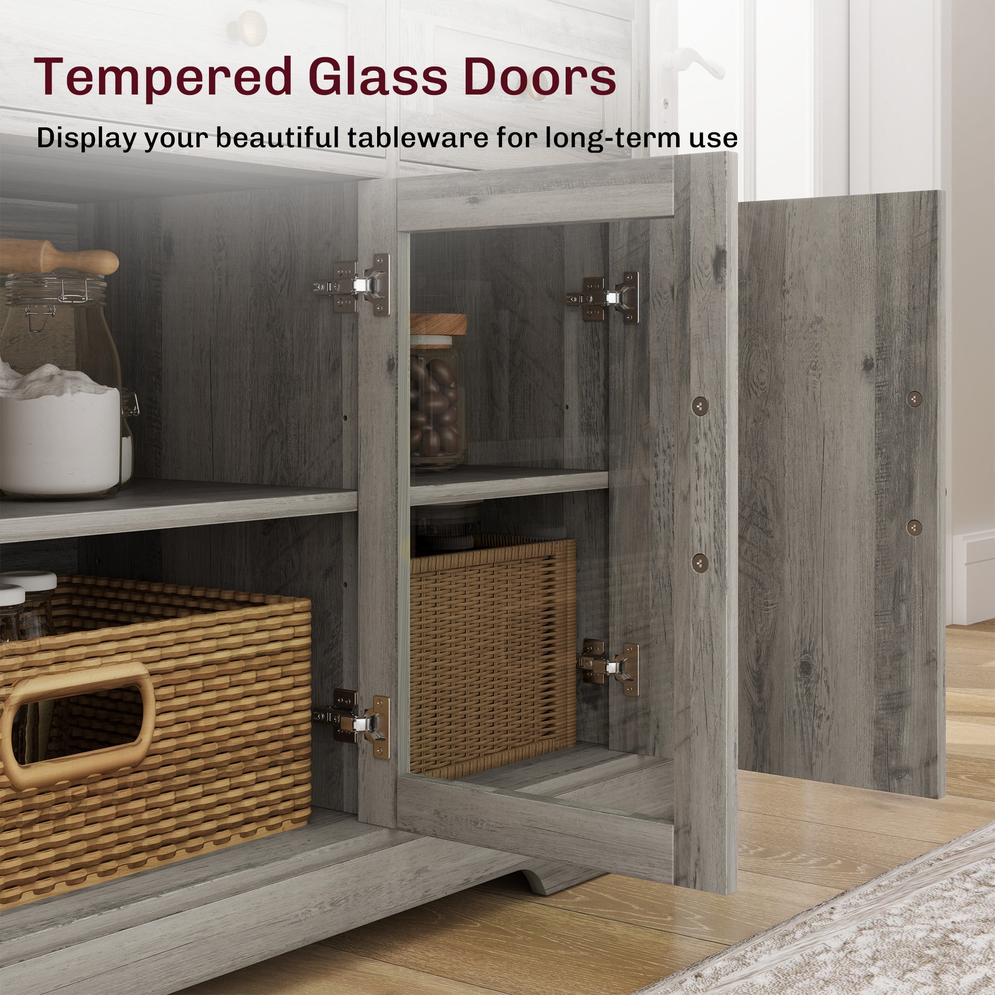 Weathered Grey Oak Buffet Sideboard with Glass Doors, Adjustable Shelves-DECOROLALA