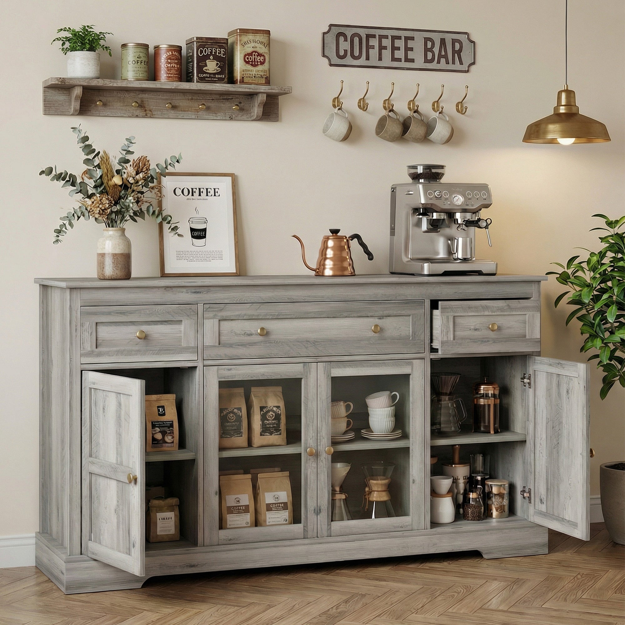 Weathered Grey Oak Buffet Sideboard with Glass Doors, Adjustable Shelves-DECOROLALA