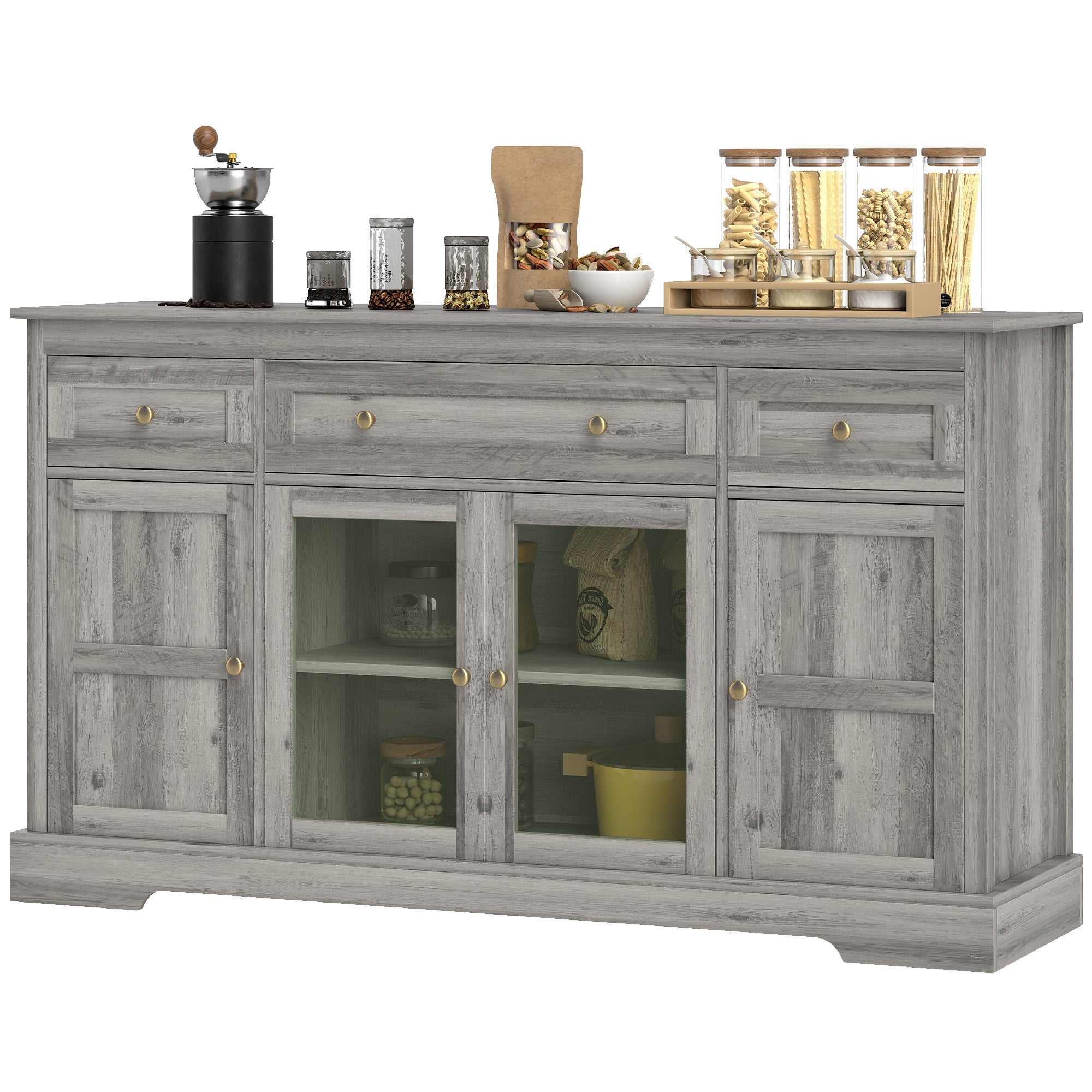 Weathered Grey Oak Buffet Sideboard with Glass Doors, Adjustable Shelves-DECOROLALA