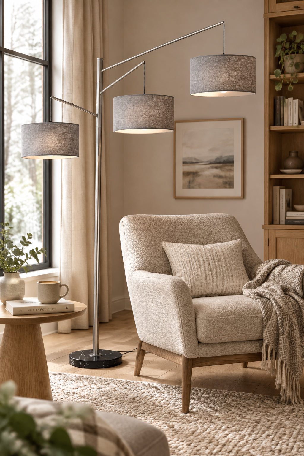 Wellington Arc Lamp - Black Marble Base Gray Shade-Lighting-DECOROLALA