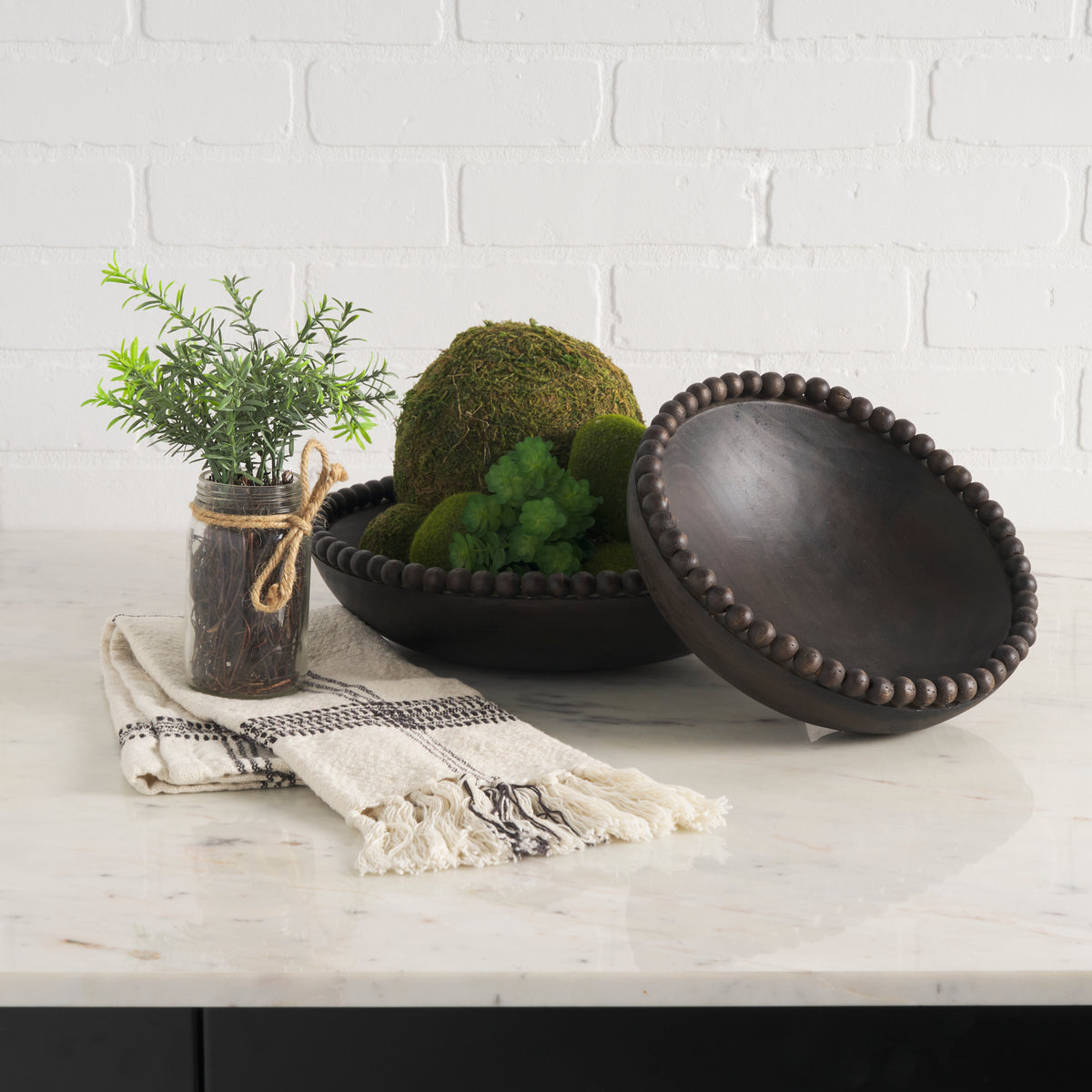 Wendell Dark Wood w/ Wood Beads Round Bowls-Bowls-DECOROLALA