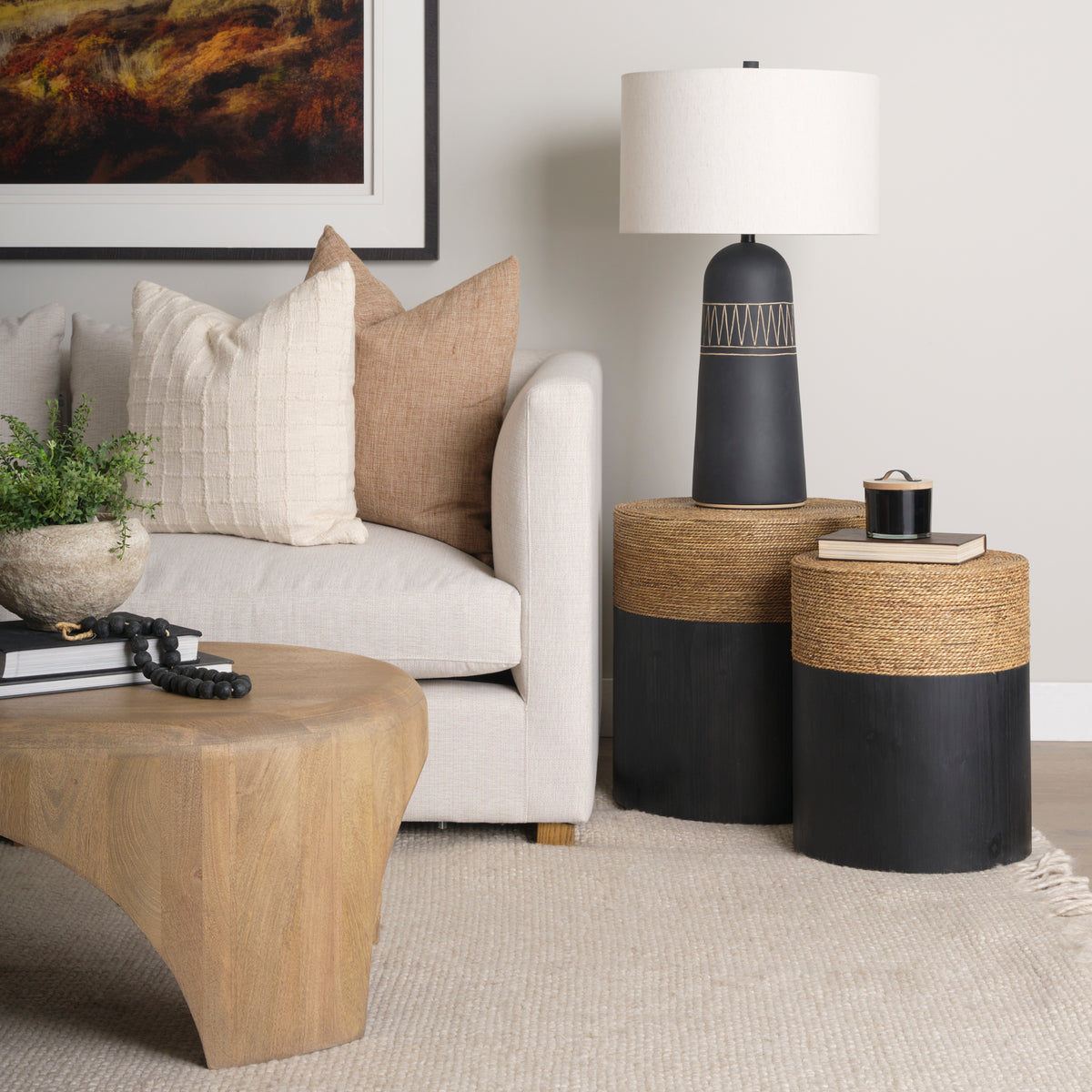 Wenopa Matte Black Wood w/ Natural Jute Accent Tables-Accent Tables-DECOROLALA