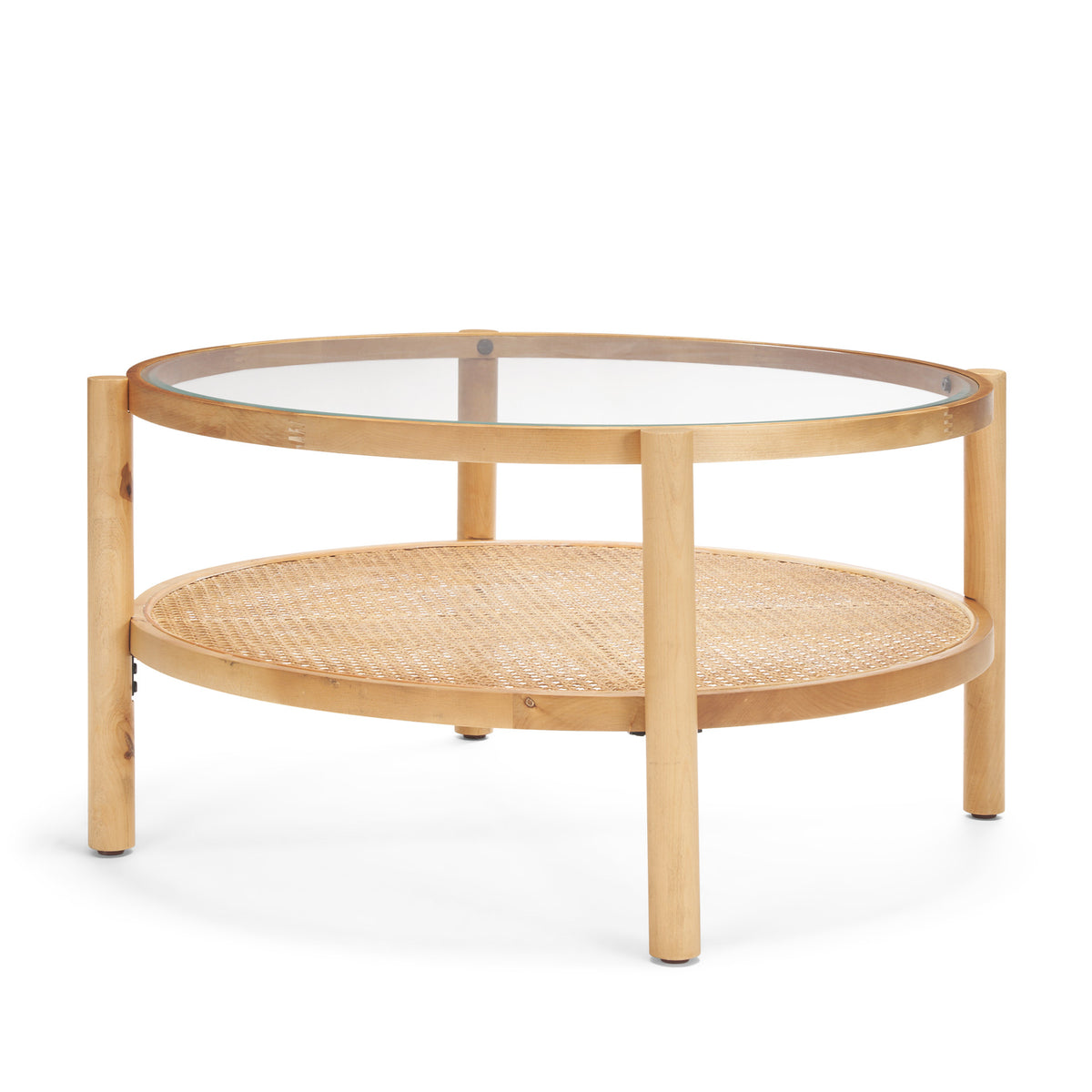 Weslyn Solid Light Brown Wood and Glass Top w/ Cane Coffee Table-Coffee Tables-DECOROLALA