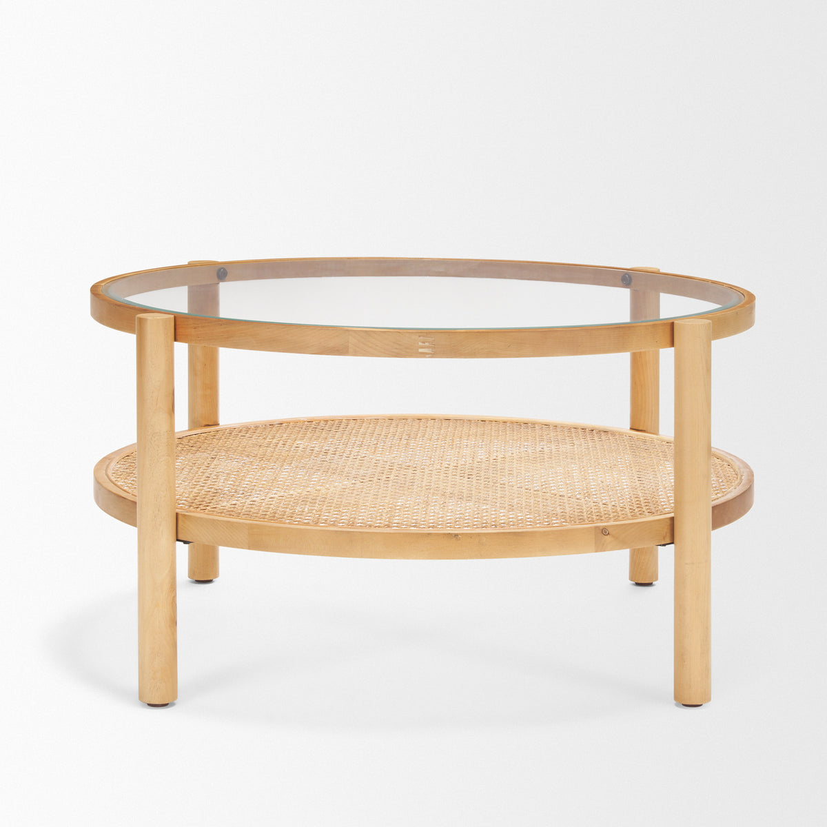 Weslyn Solid Light Brown Wood and Glass Top w/ Cane Coffee Table-Coffee Tables-DECOROLALA