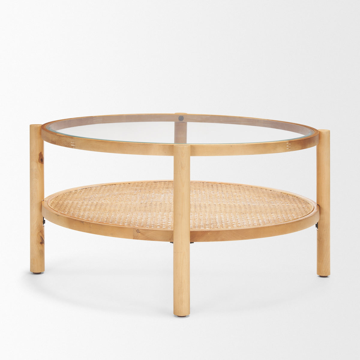 Weslyn Solid Light Brown Wood and Glass Top w/ Cane Coffee Table-Coffee Tables-DECOROLALA
