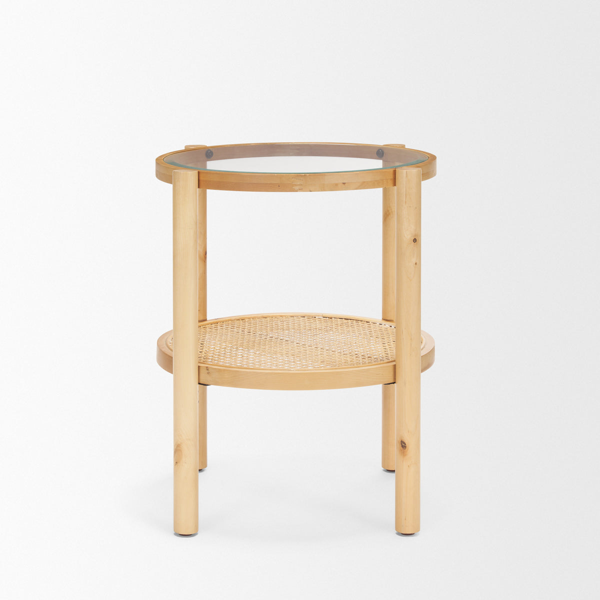 Weslyn Solid Light Brown Wood and Glass Top w/ Cane Side Table-End and Side Tables-DECOROLALA