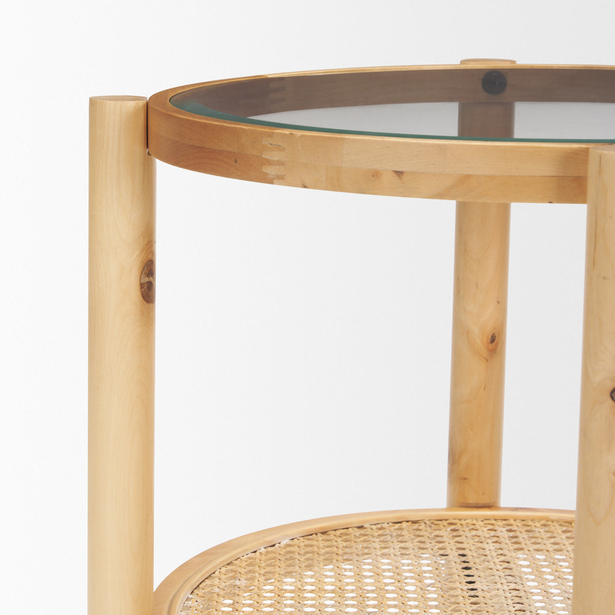 Weslyn Solid Light Brown Wood and Glass Top w/ Cane Side Table-End and Side Tables-DECOROLALA