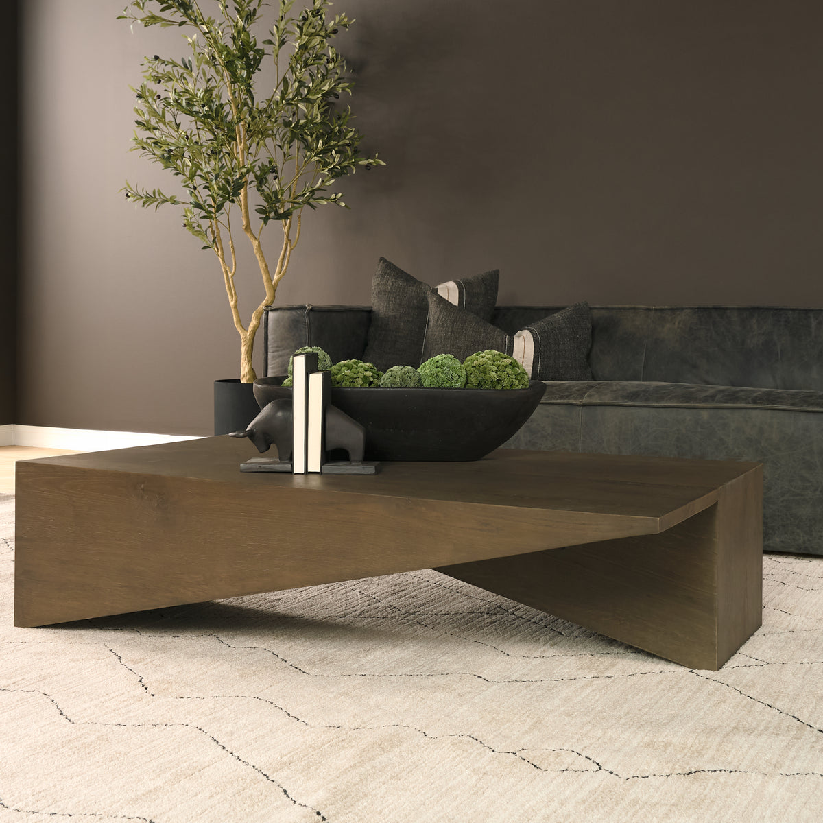 West 55L x 32W x 14H Medium Brown Wooden Angled Coffee Table-Coffee Tables-DECOROLALA