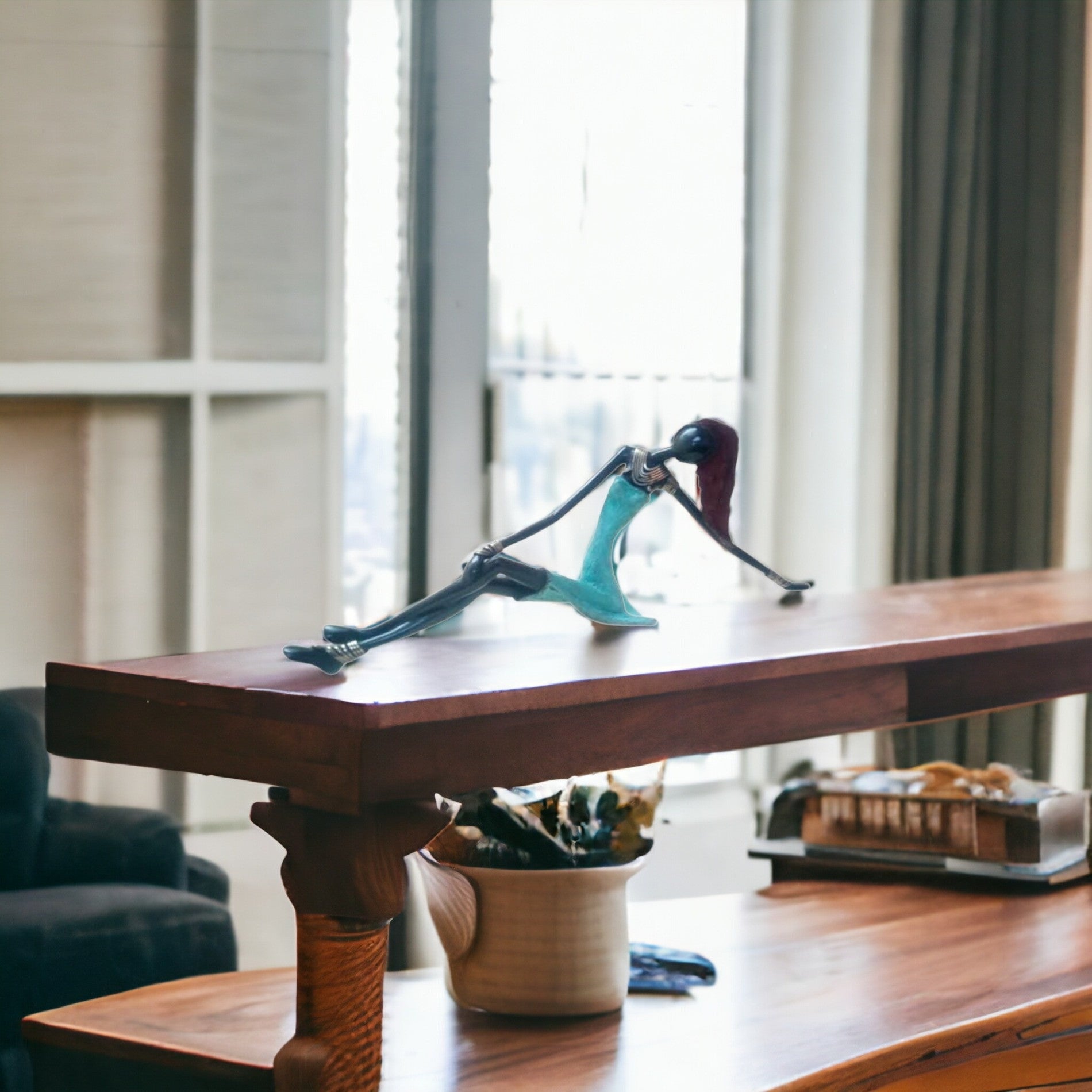 West African Vintage Hand Cast Bronze Female Figurine from Burkina Faso in Sky Blue Dress-Sculptures-DECOROLALA