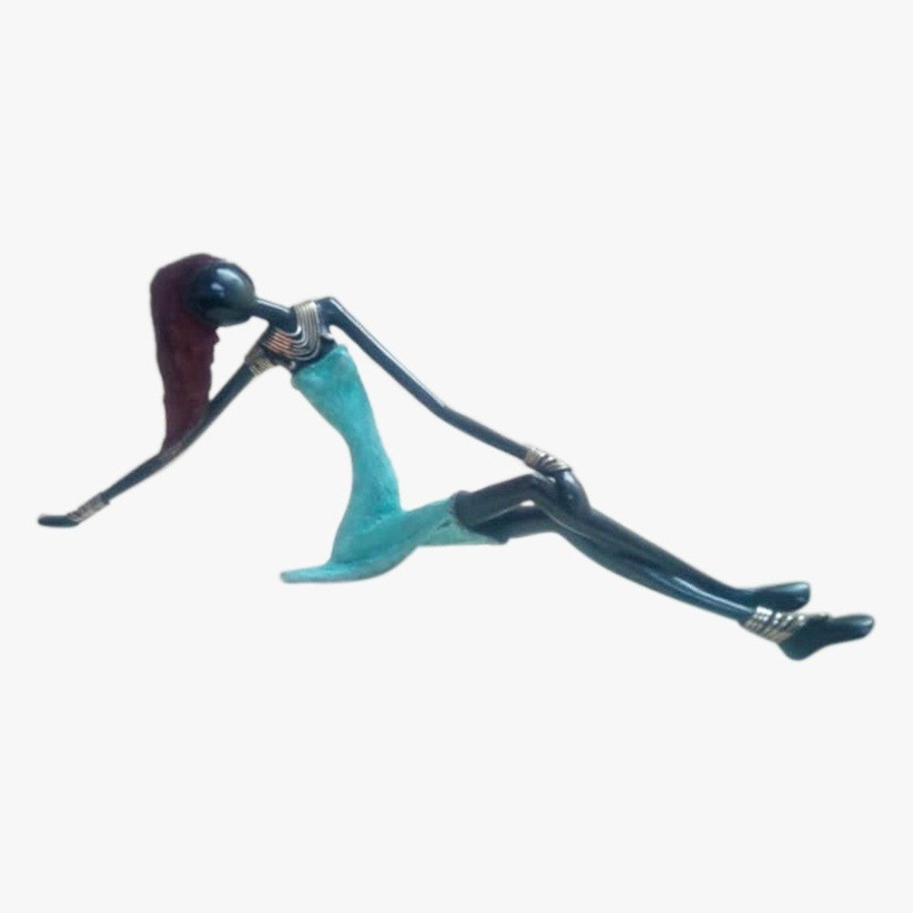 West African Vintage Hand Cast Bronze Female Figurine from Burkina Faso in Sky Blue Dress-Sculptures-DECOROLALA