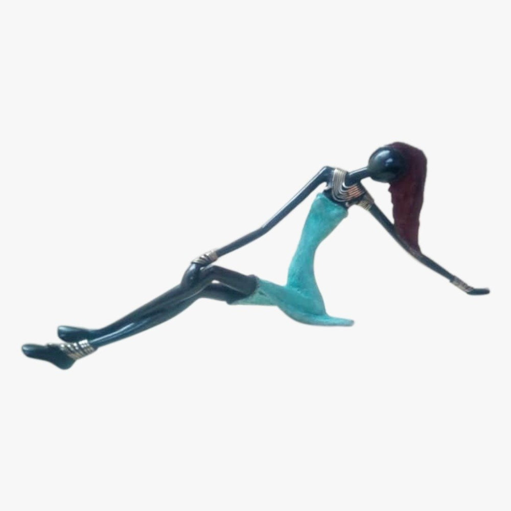 West African Vintage Hand Cast Bronze Female Figurine from Burkina Faso in Sky Blue Dress-Sculptures-DECOROLALA