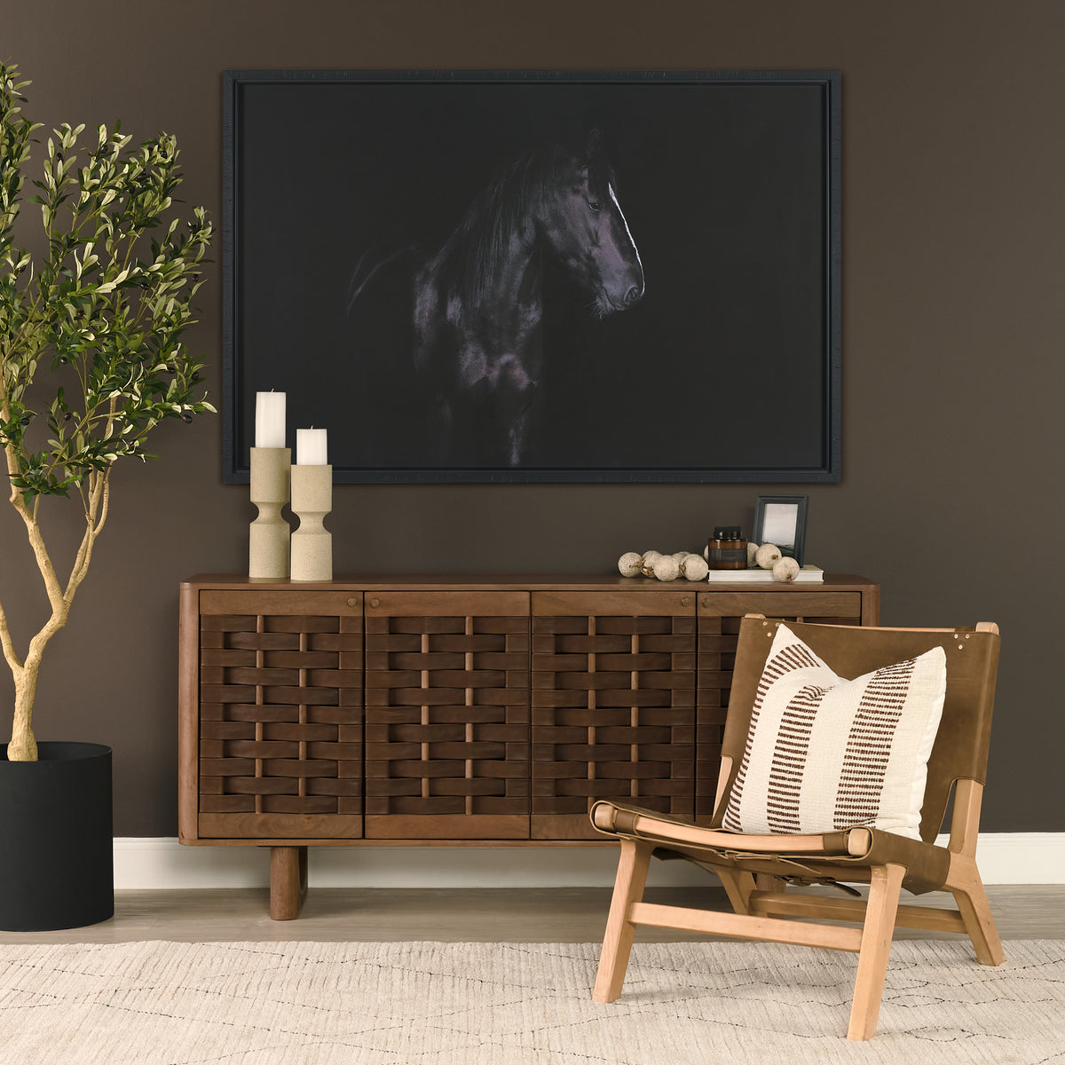 Wexlan Solid Wood w/ Leather Weave 4 Door Closed Sideboard-Sideboards & Buffets-DECOROLALA