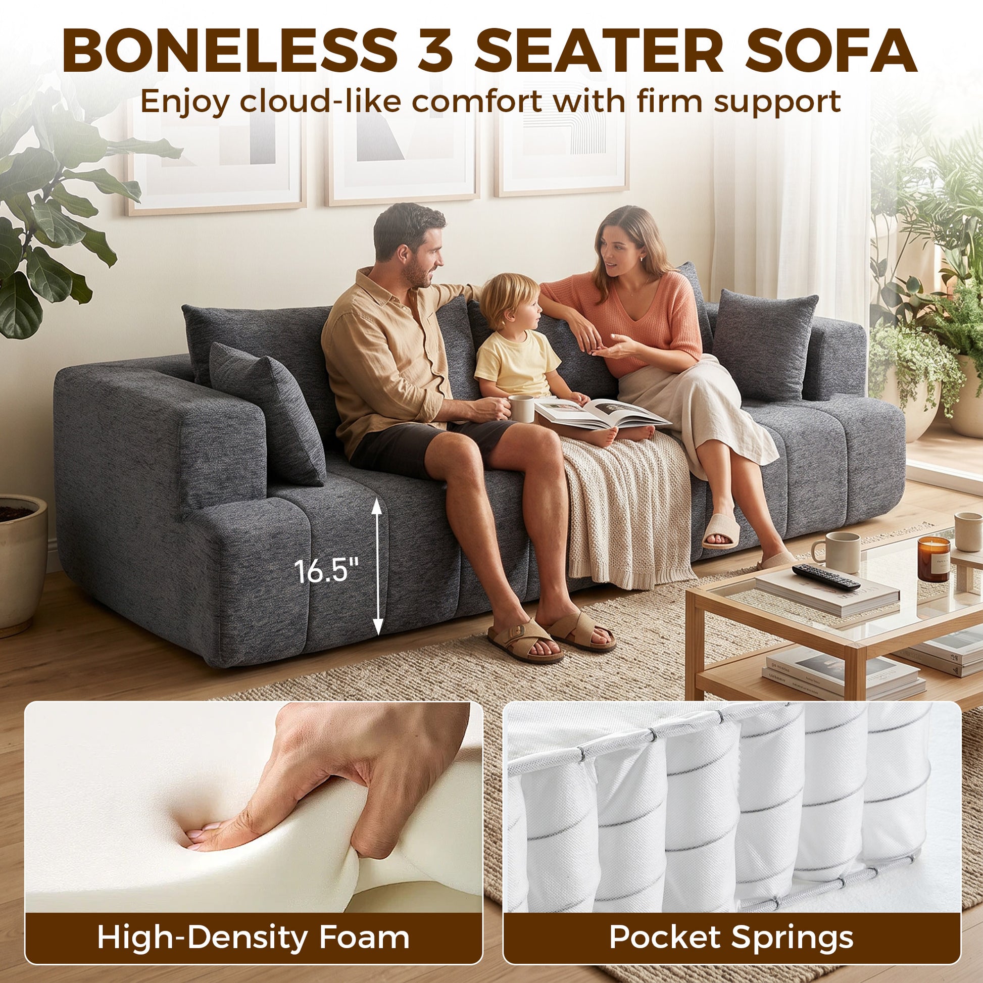 3 Seater Sofa, Chenille Boneless Cloud Couch with Thick Spring Cushion, Wide and Deep Seat, Wide Armrests, Grey-Home Furnishings > Living Room Furniture > Sofas & Reclining Chairs > 3-Seater Sofas-DECOROLALA