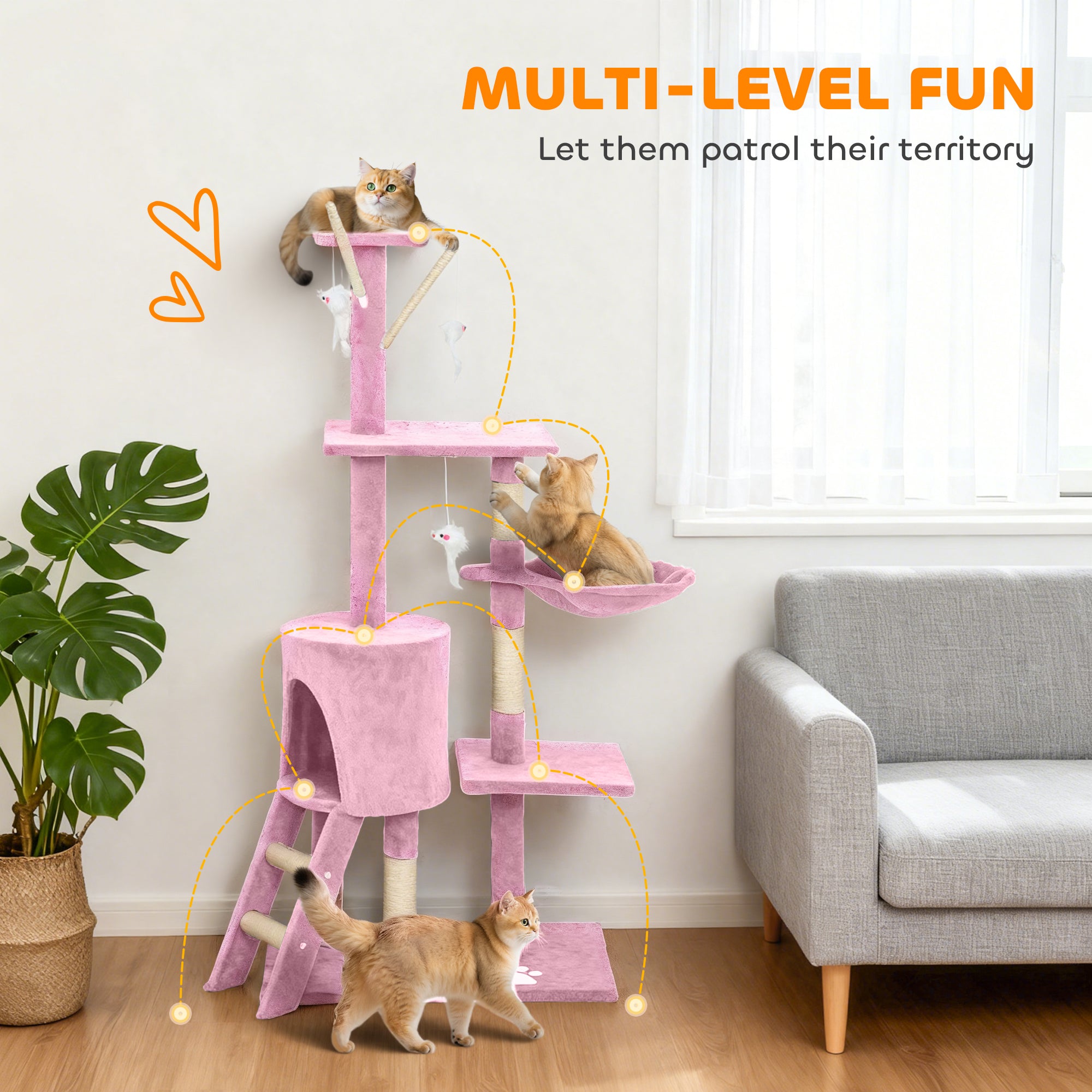 53" Cat Tree Tower, Kitten Activity Centre with Scratching Posts, Condo, Perches, Ladder, Hammock, Dangling Toys, Pink