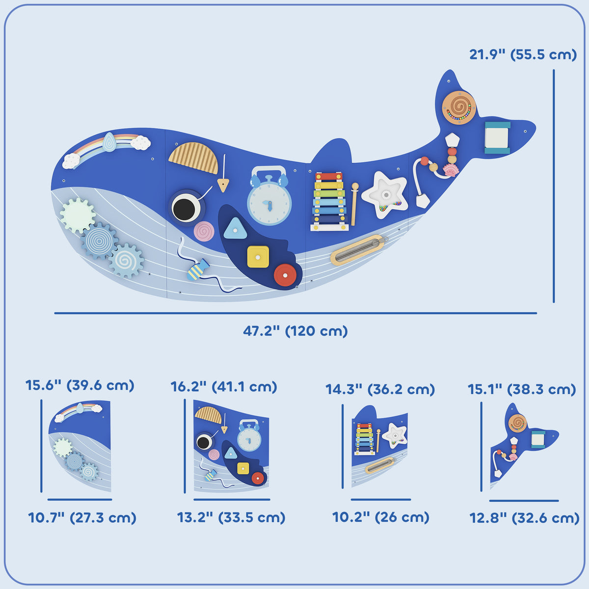 Whale Activity Wall Busy Board, 13 in 1 Montessori Sensory Wall Panel for Playroom Nursery Classroom Boys Girls 2+, Blue-Toys & Games > Baby & Toddler Toys > Toy Playsets-DECOROLALA
