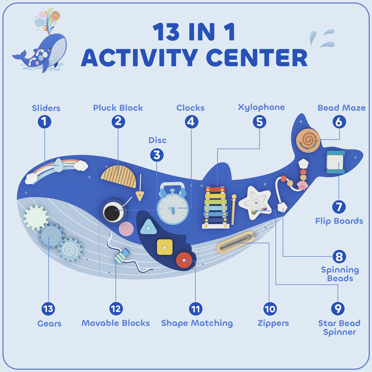 Whale Activity Wall Busy Board - 13-in-1 Sensory Panel, Blue-Toys & Games > Baby & Toddler Toys > Toy Playsets-DECOROLALA