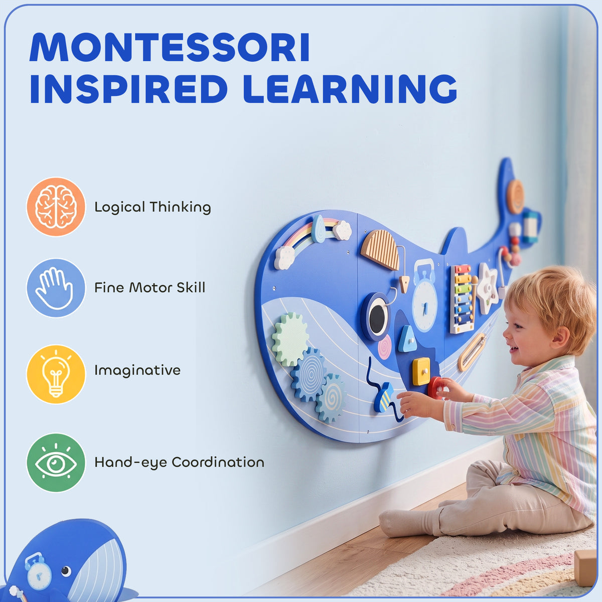 Whale Activity Wall Busy Board - 13-in-1 Sensory Panel, Blue-Toys & Games > Baby & Toddler Toys > Toy Playsets-DECOROLALA