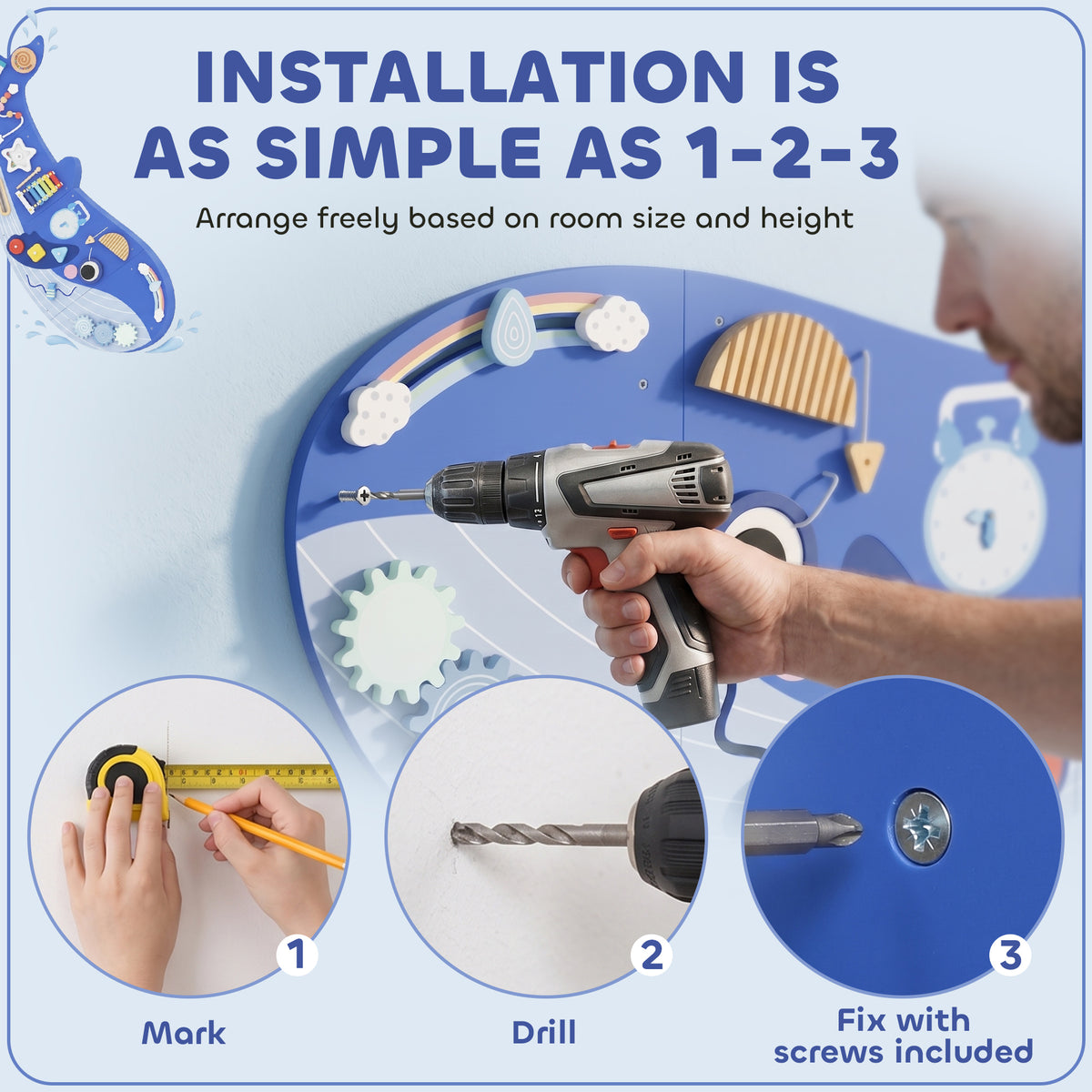 Whale Activity Wall Busy Board - 13-in-1 Sensory Panel, Blue-Toys & Games > Baby & Toddler Toys > Toy Playsets-DECOROLALA