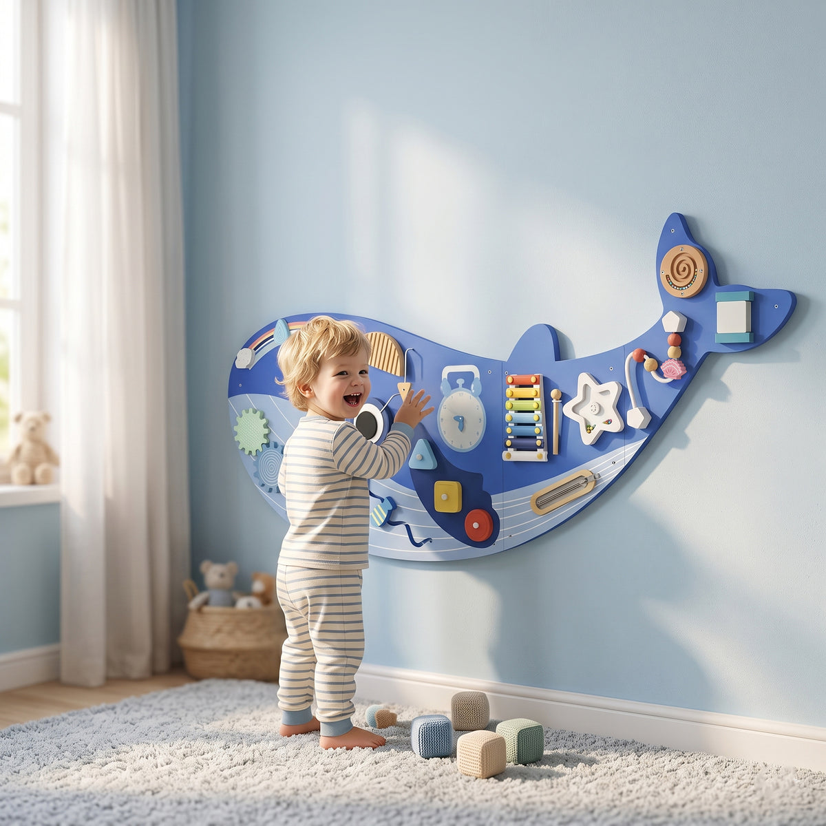 Whale Activity Wall Busy Board - 13-in-1 Sensory Panel, Blue-Toys & Games > Baby & Toddler Toys > Toy Playsets-DECOROLALA