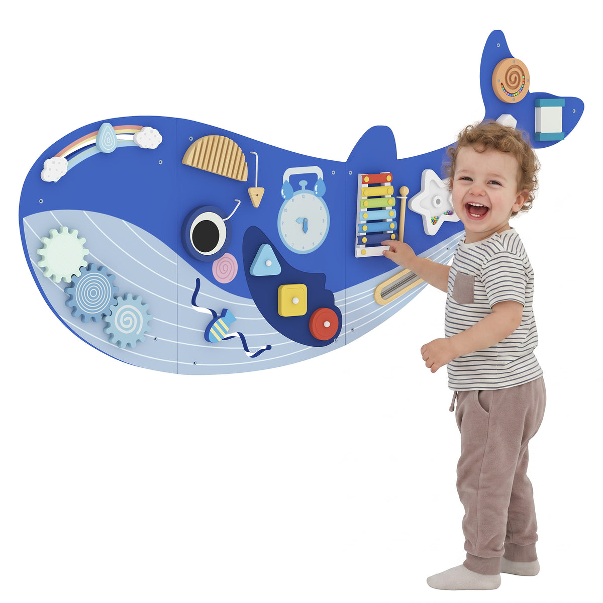 Whale Activity Wall Busy Board, 13 in 1 Montessori Sensory Wall Panel for Playroom Nursery Classroom Boys Girls 2+, Blue-Toys & Games > Baby & Toddler Toys > Toy Playsets-DECOROLALA