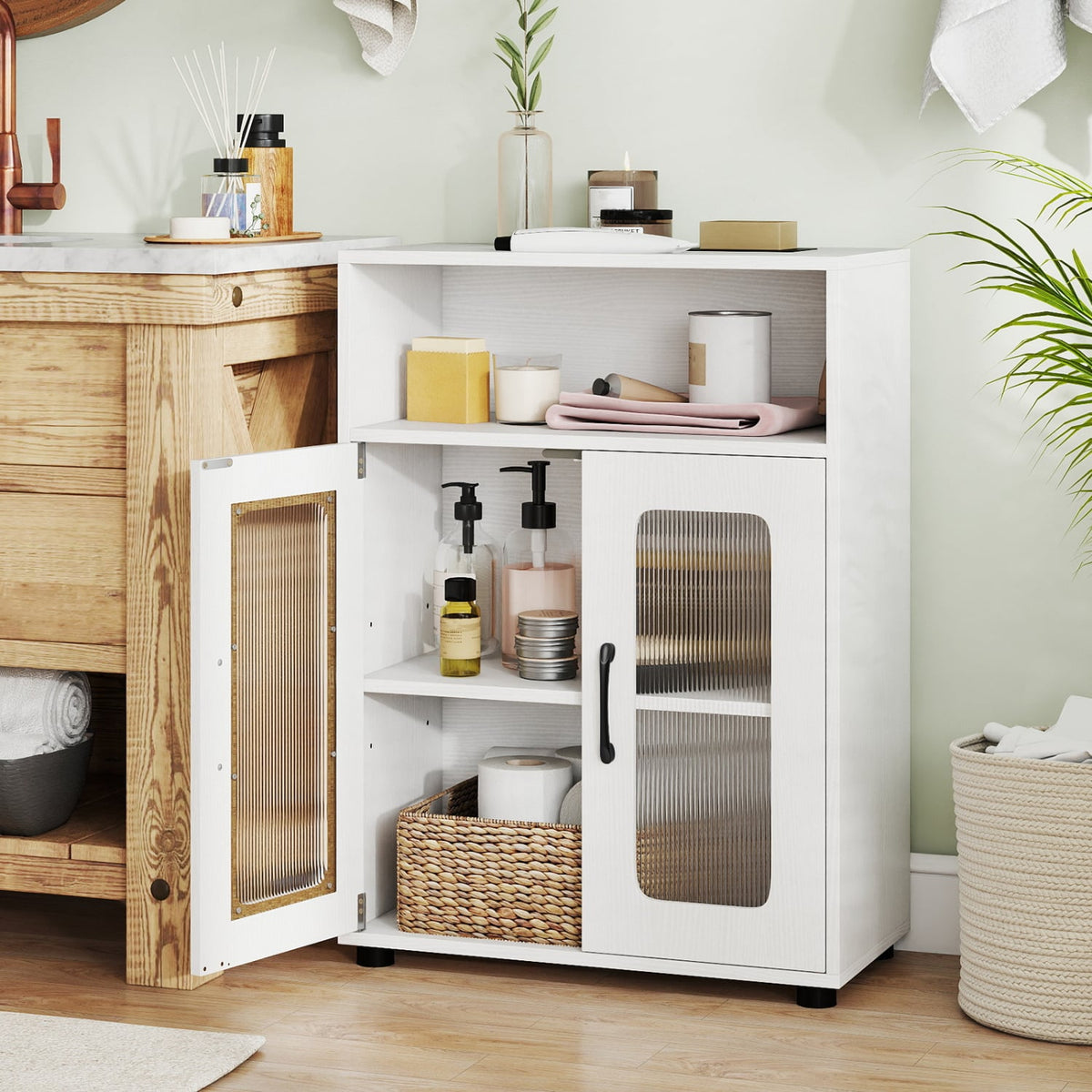 White Bathroom Cabinet - Freestanding Storage with Adjustable Shelf-Floor Cabinets-DECOROLALA
