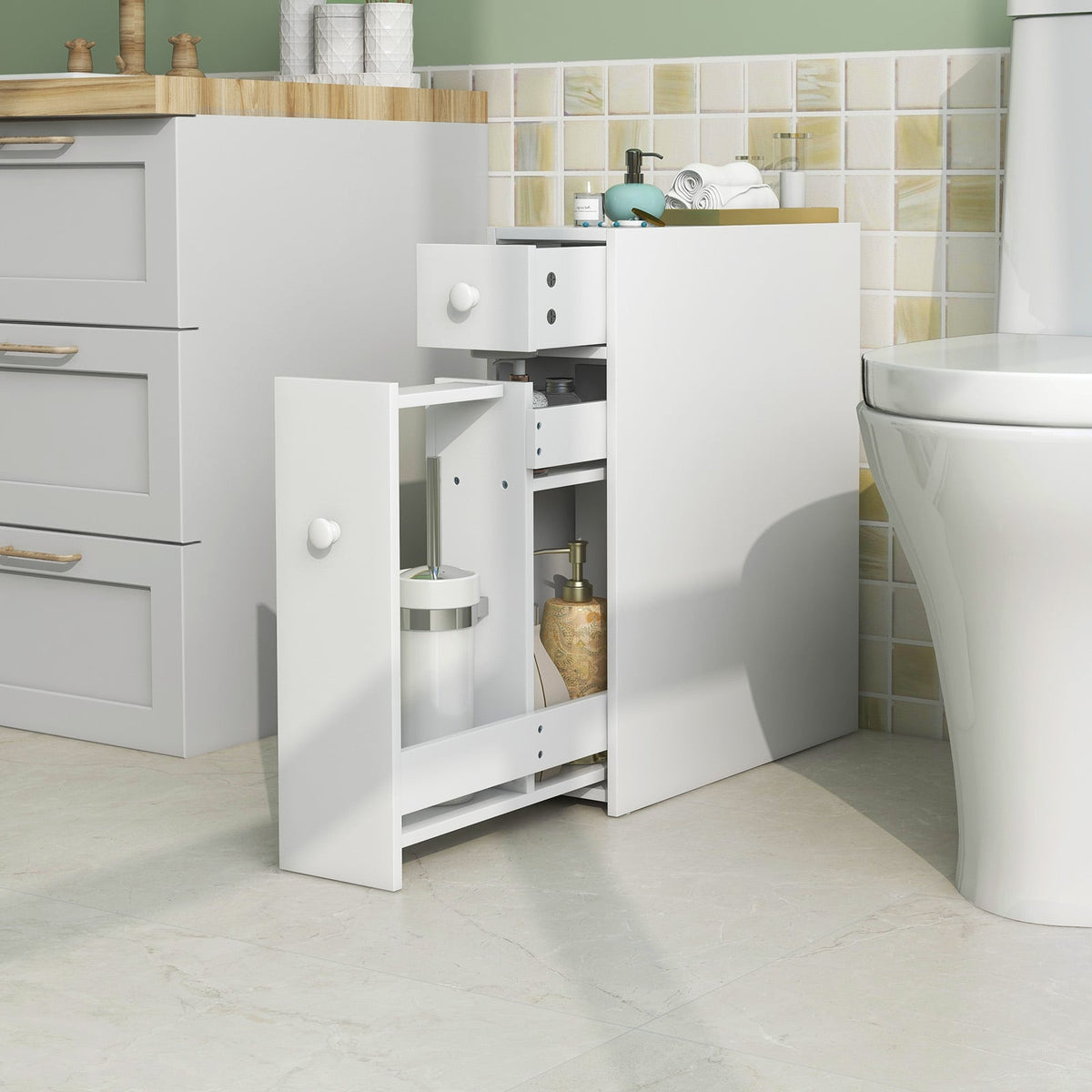 White Bathroom Cabinet Space Saver Storage Organizer-White-Floor Cabinets-DECOROLALA