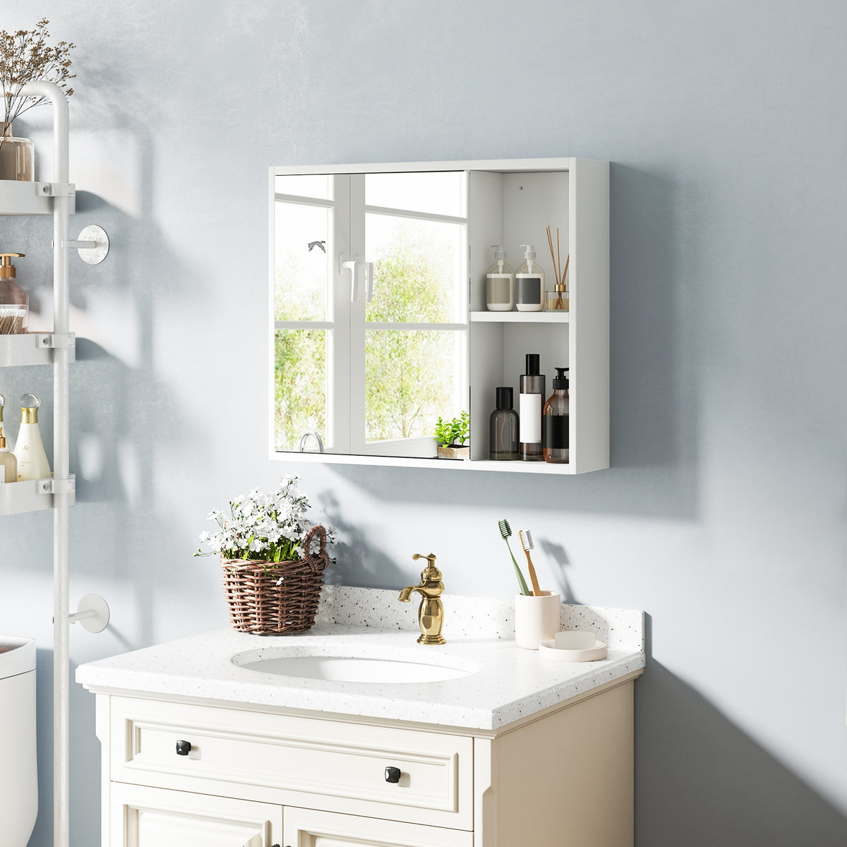 White Bathroom Medicine Cabinet with Mirror Door - 25" x 21.5"-Wall Cabinets-DECOROLALA