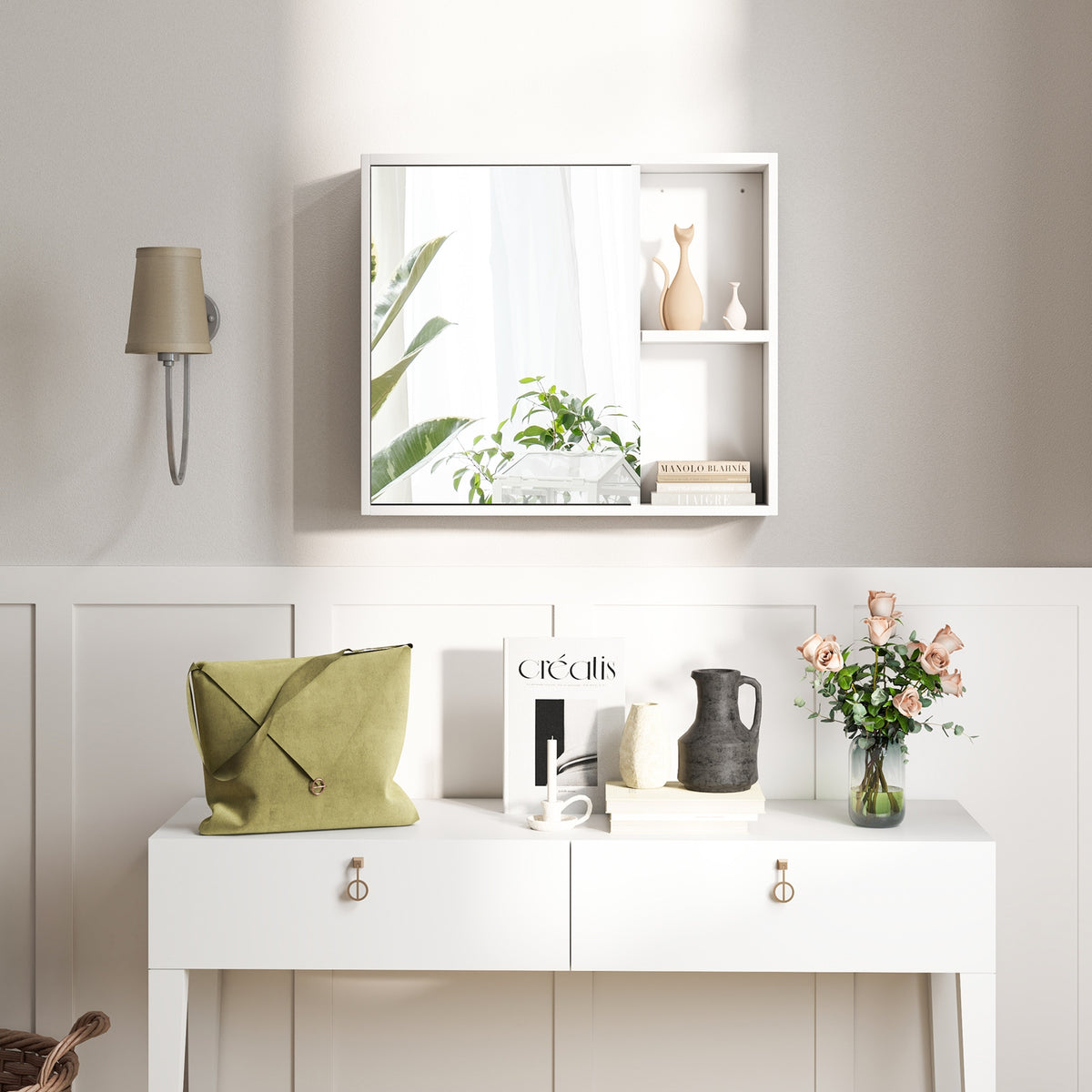 White Bathroom Medicine Cabinet with Mirror Door - 25" x 21.5"-Wall Cabinets-DECOROLALA