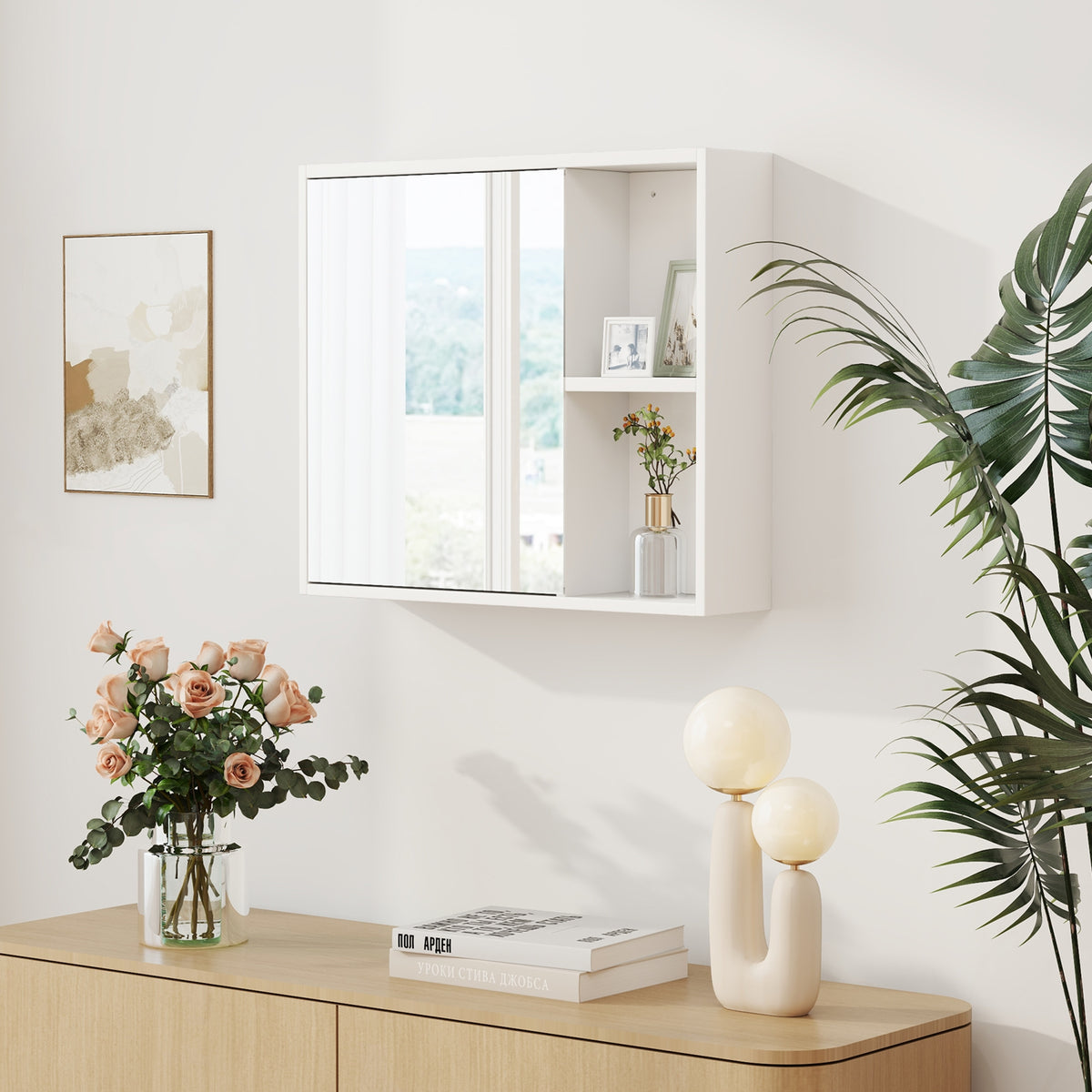 White Bathroom Medicine Cabinet with Mirror Door - 25" x 21.5"-Wall Cabinets-DECOROLALA
