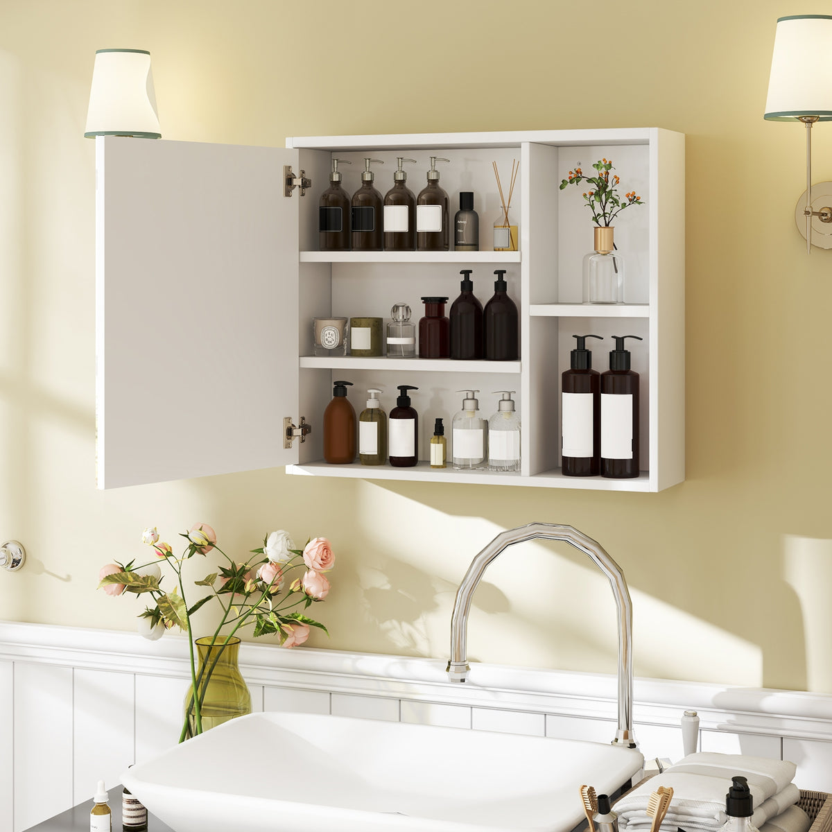White Bathroom Medicine Cabinet with Mirror Door - 25" x 21.5"-Wall Cabinets-DECOROLALA