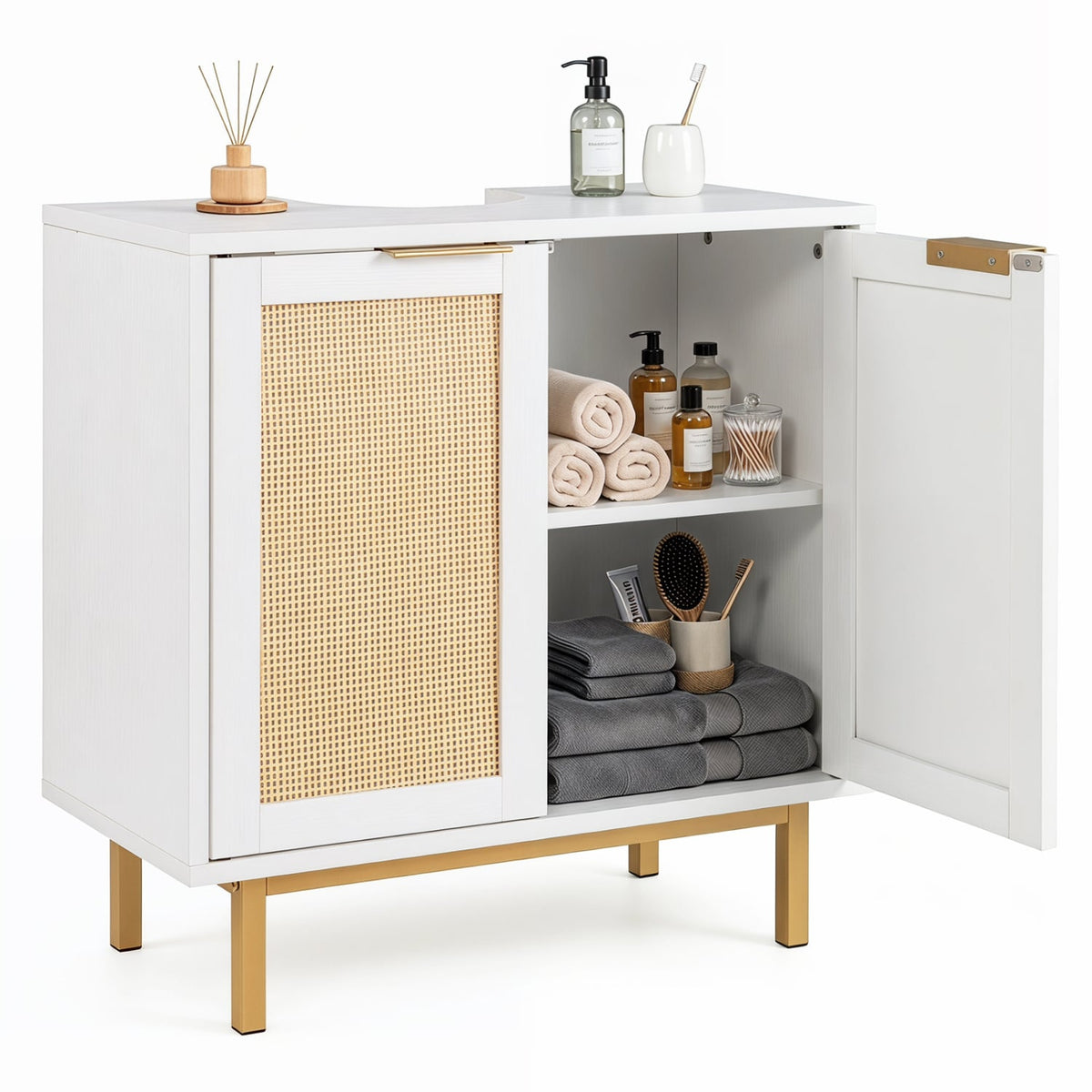 White Bathroom Under Sink Cabinet with Rattan Doors - 24"-Floor Cabinets-DECOROLALA