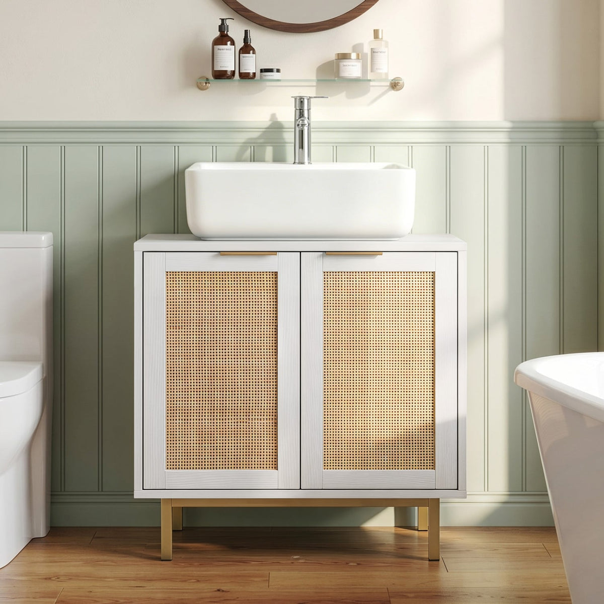 White Bathroom Under Sink Cabinet with Rattan Doors - 24"-Floor Cabinets-DECOROLALA