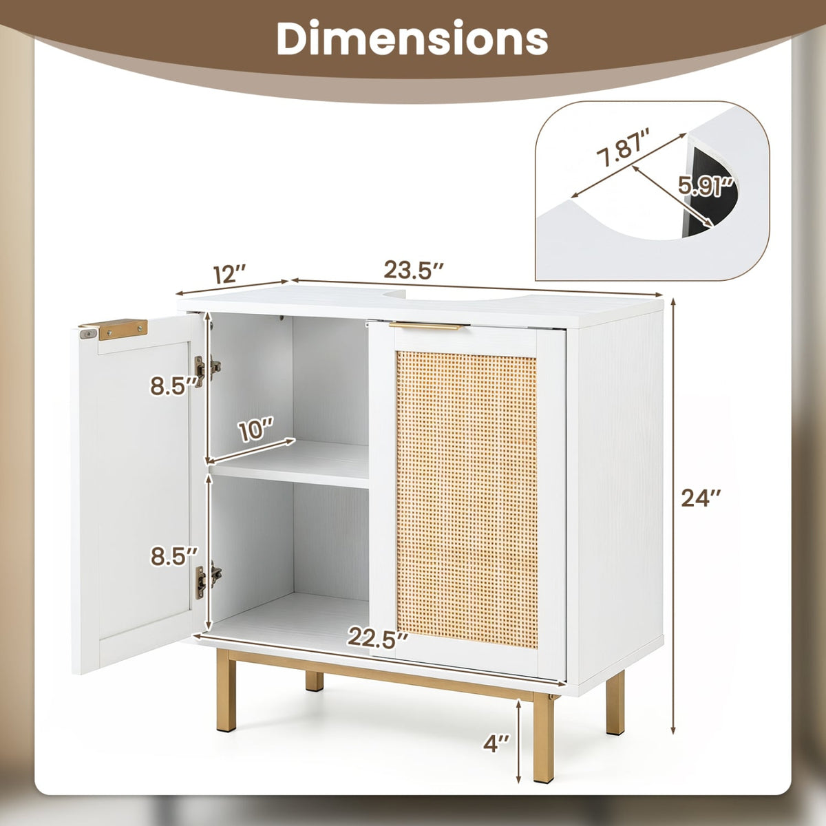 White Bathroom Under Sink Cabinet with Rattan Doors - 24"-Floor Cabinets-DECOROLALA