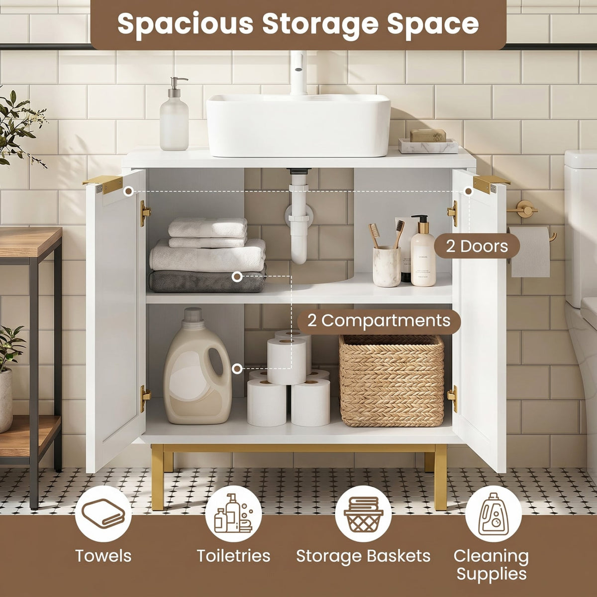 White Bathroom Under Sink Cabinet with Rattan Doors - 24"-Floor Cabinets-DECOROLALA