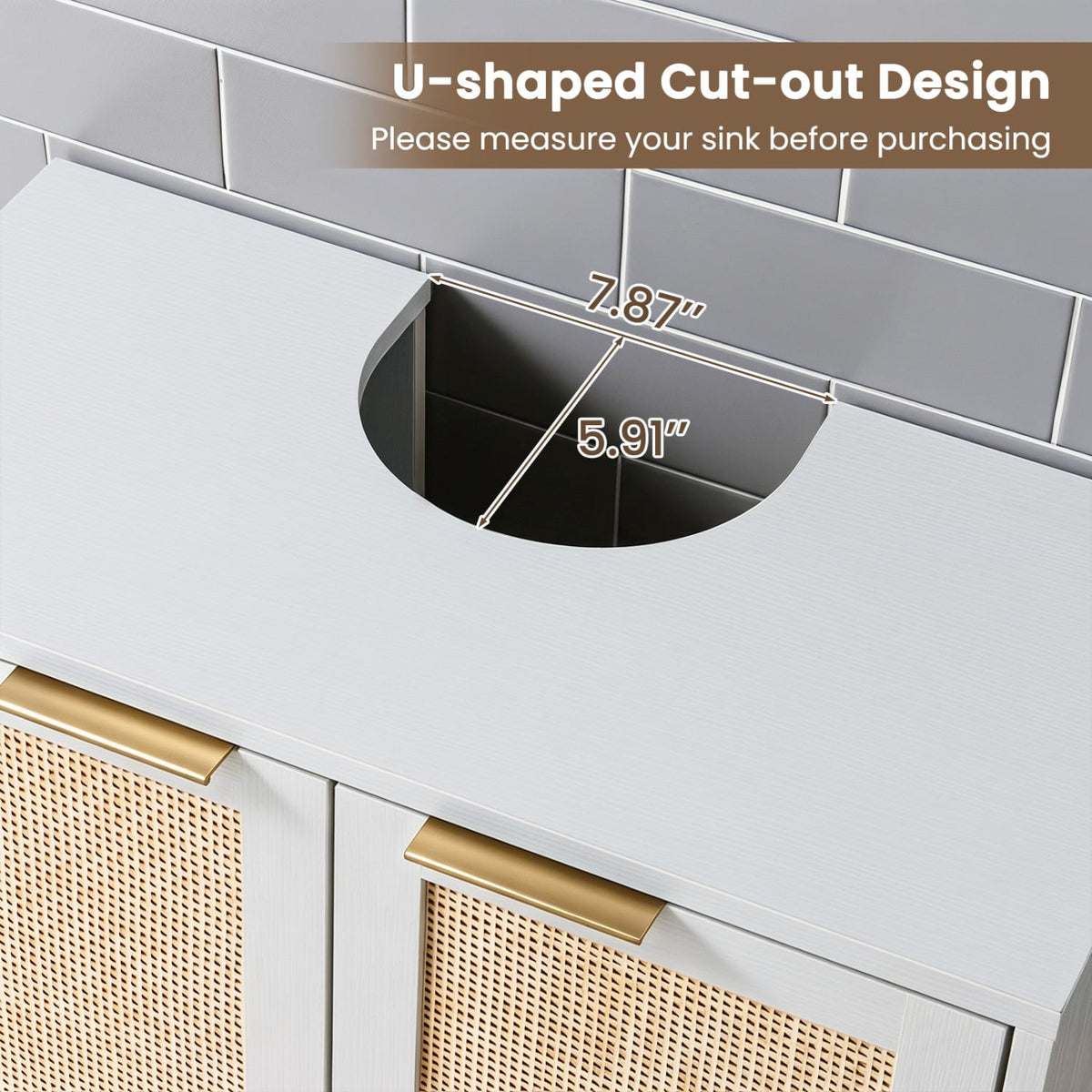 White Bathroom Under Sink Cabinet with Rattan Doors - 24"-Floor Cabinets-DECOROLALA