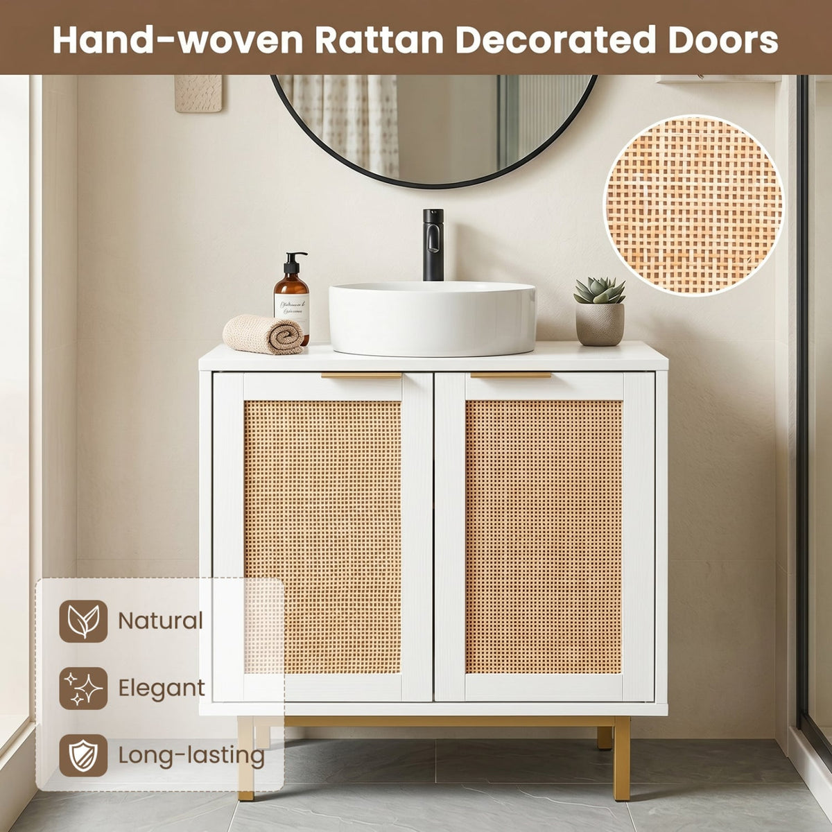 White Bathroom Under Sink Cabinet with Rattan Doors - 24"-Floor Cabinets-DECOROLALA