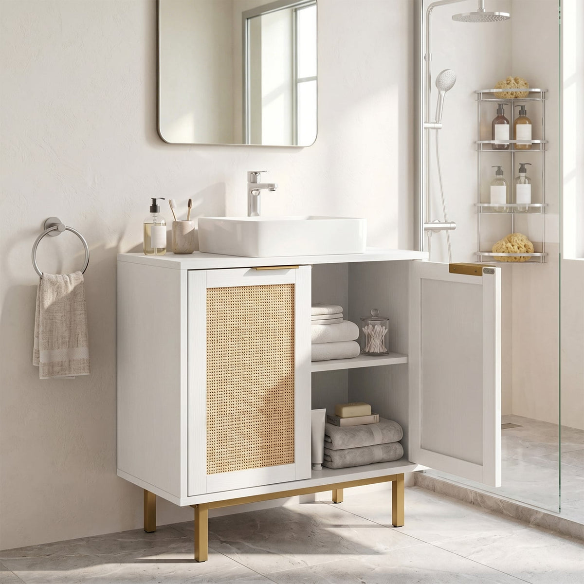 White Bathroom Under Sink Cabinet with Rattan Doors - 24"-Floor Cabinets-DECOROLALA