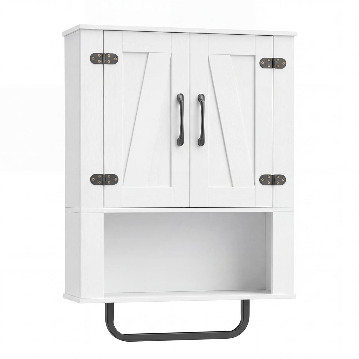 White Bathroom Wall Cabinet with Barn Doors and Towel Bar-Wall Cabinets-DECOROLALA