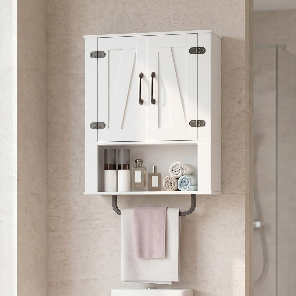 White Bathroom Wall Cabinet with Barn Doors and Towel Bar-Wall Cabinets-DECOROLALA