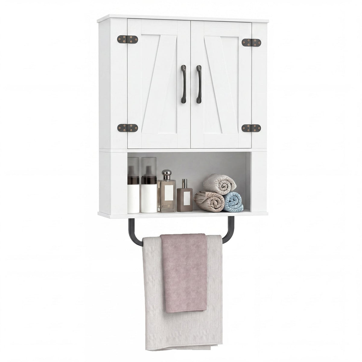 White Bathroom Wall Cabinet with Barn Doors and Towel Bar-Wall Cabinets-DECOROLALA