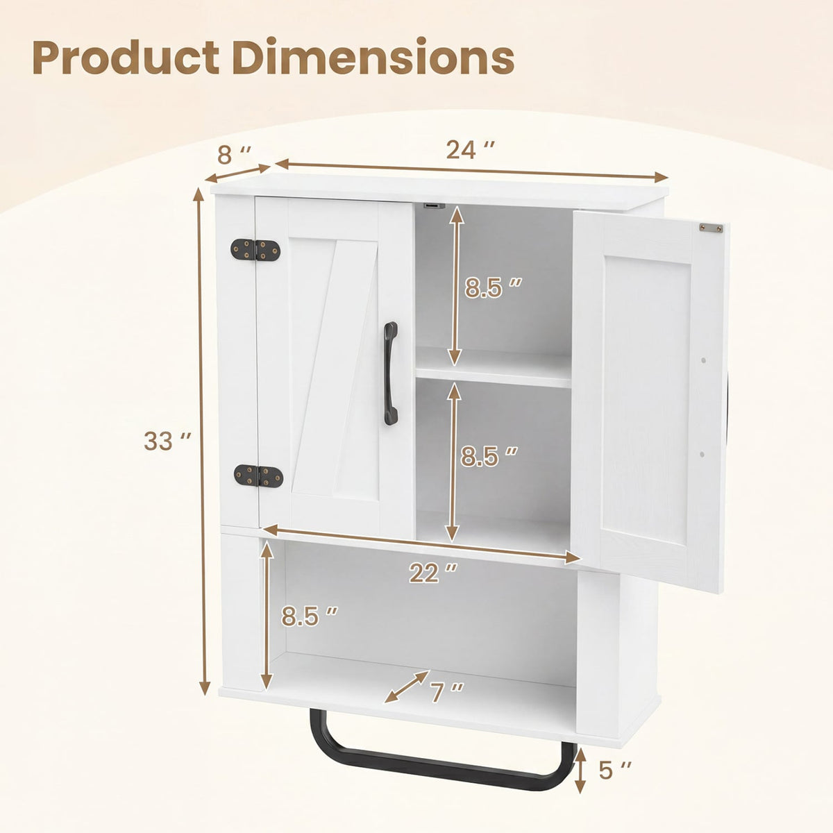 White Bathroom Wall Cabinet with Barn Doors and Towel Bar-Wall Cabinets-DECOROLALA