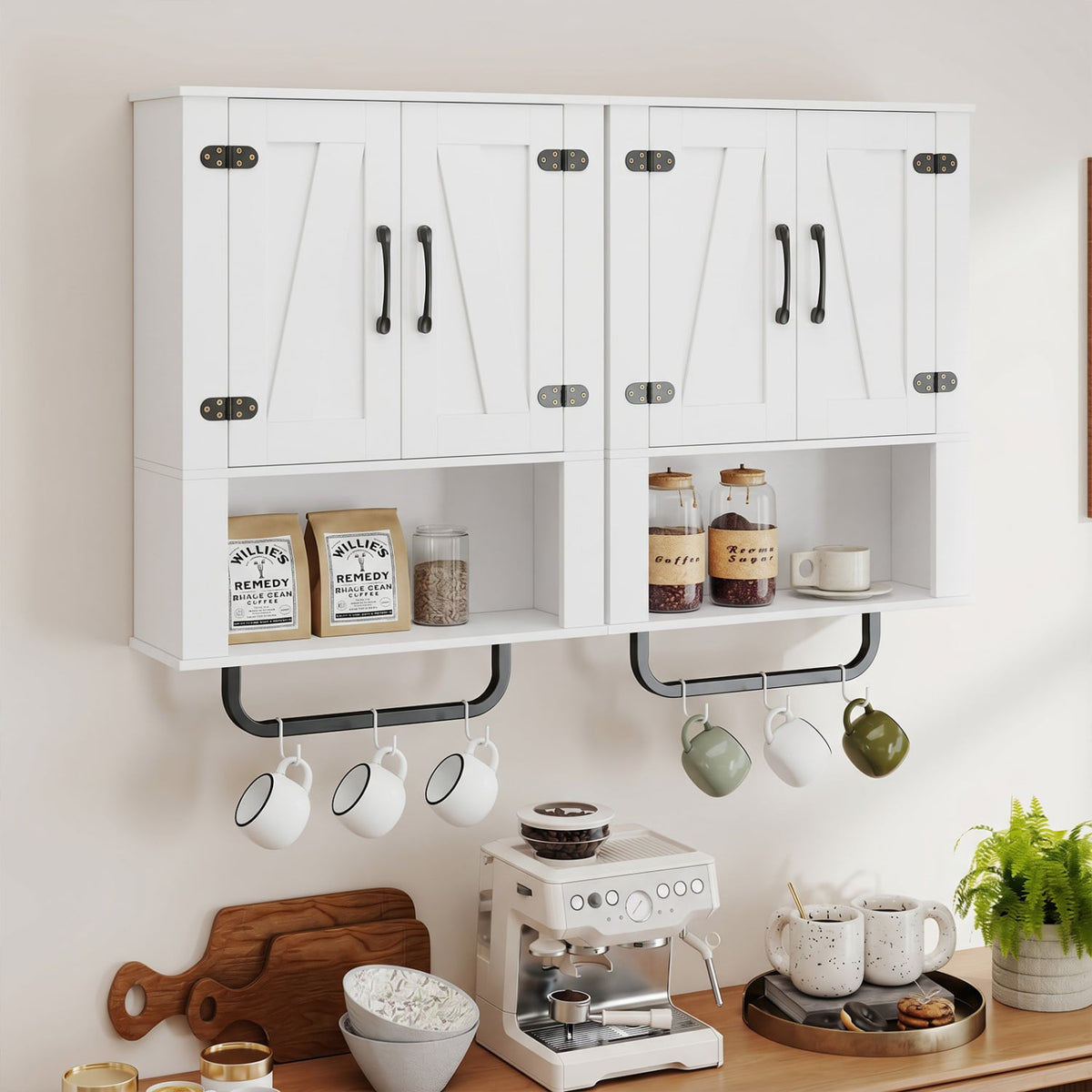 White Bathroom Wall Cabinet with Barn Doors and Towel Bar-Wall Cabinets-DECOROLALA