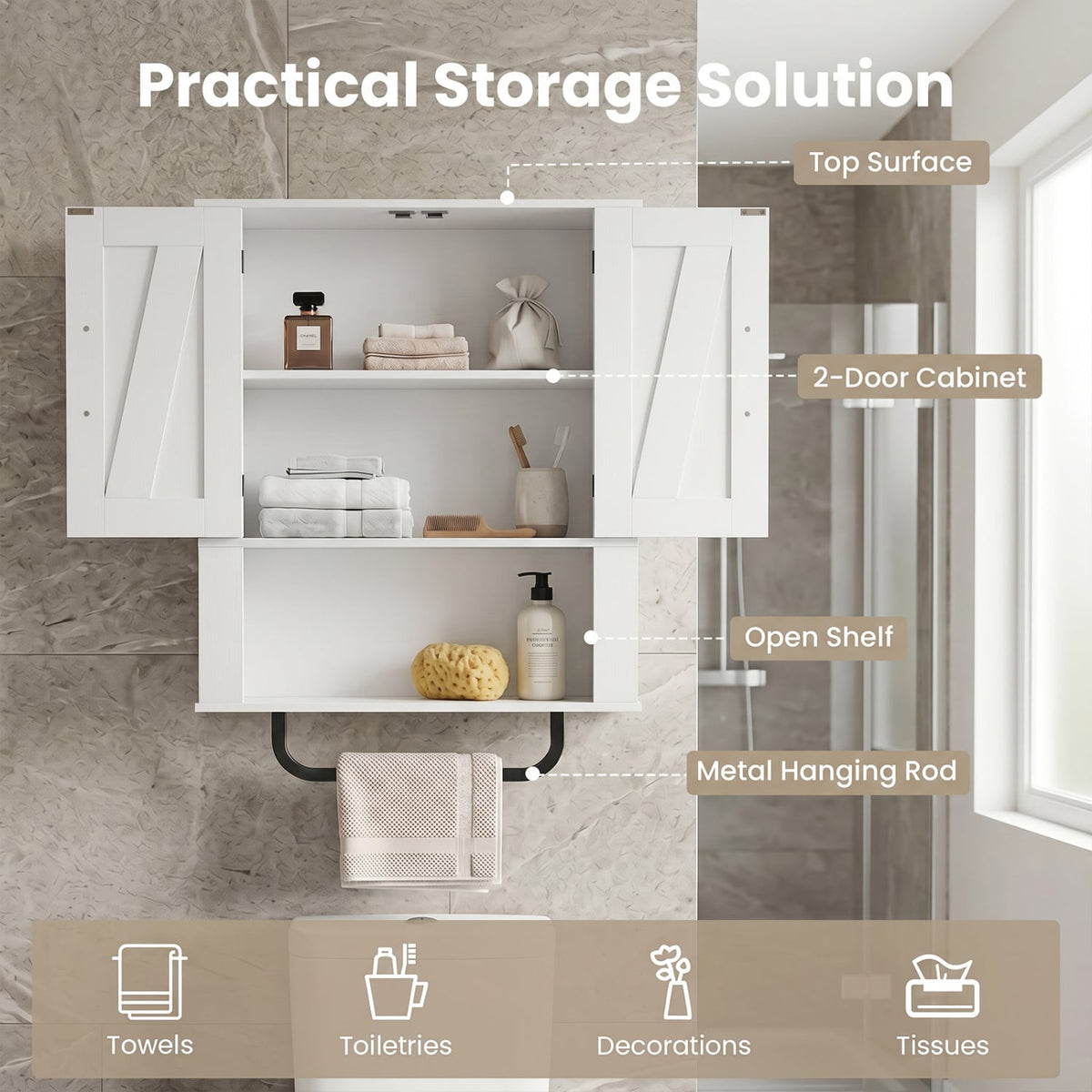 White Bathroom Wall Cabinet with Barn Doors and Towel Bar-Wall Cabinets-DECOROLALA