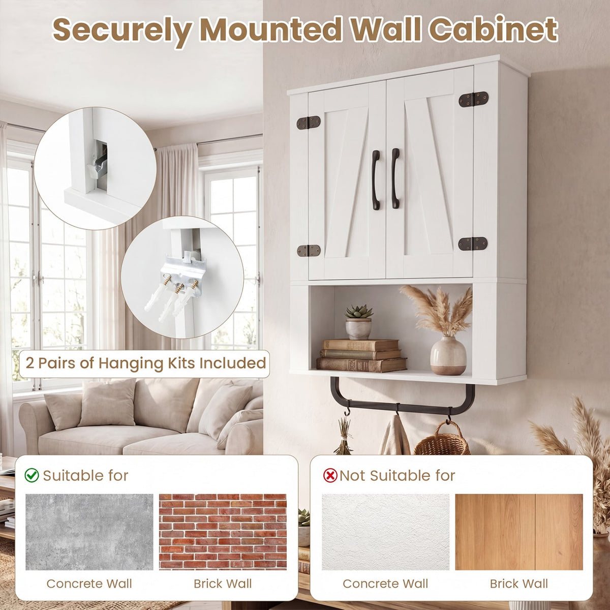 White Bathroom Wall Cabinet with Barn Doors and Towel Bar-Wall Cabinets-DECOROLALA