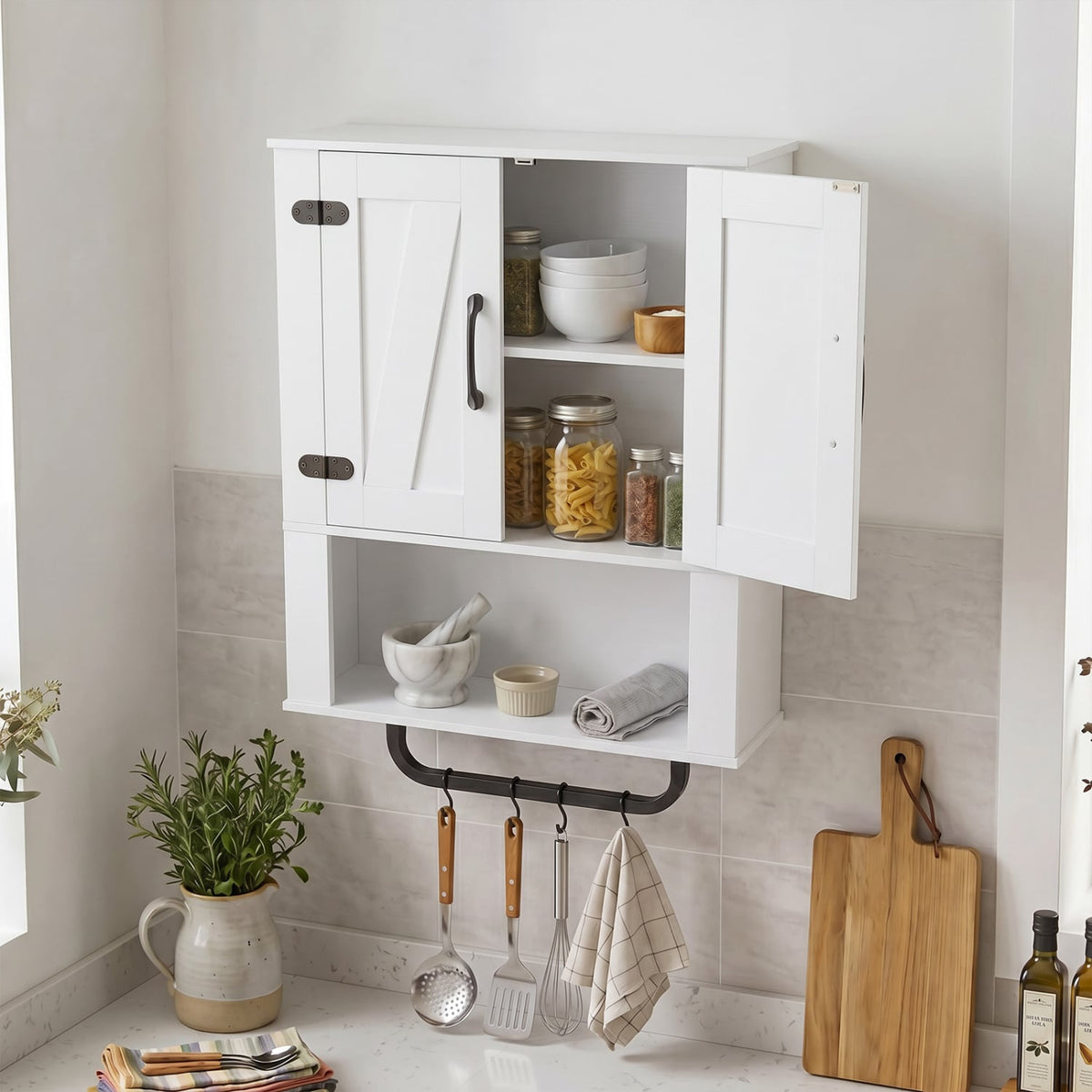 White Bathroom Wall Cabinet with Barn Doors and Towel Bar-Wall Cabinets-DECOROLALA