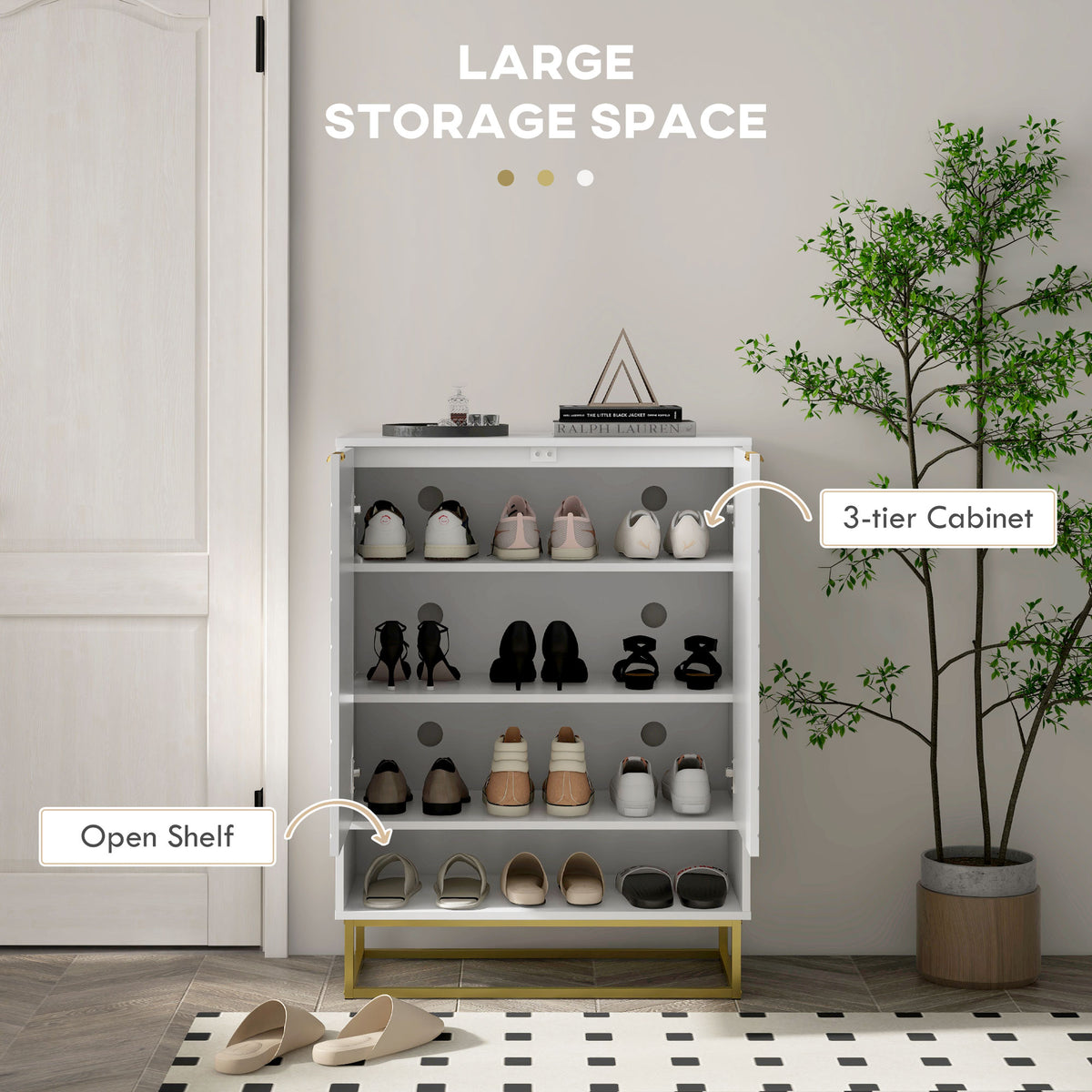 White Entryway Shoe Cabinet - 12 Pair Storage with Gold Base-Shoe Storage Cabinets-DECOROLALA