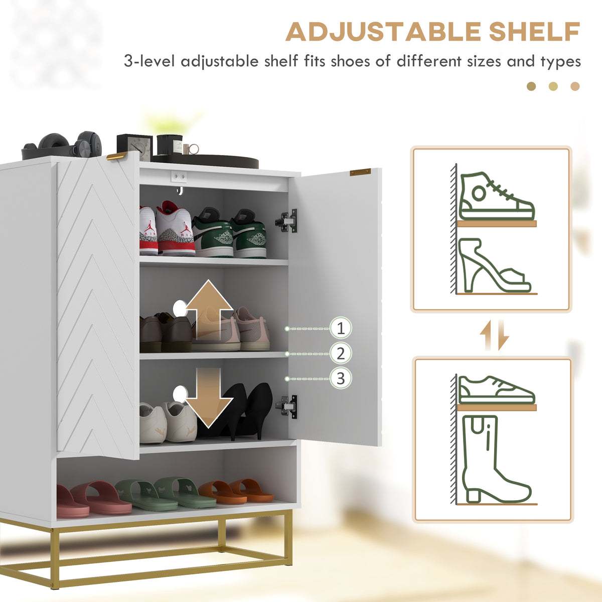 White Entryway Shoe Cabinet - 12 Pair Storage with Gold Base-Shoe Storage Cabinets-DECOROLALA