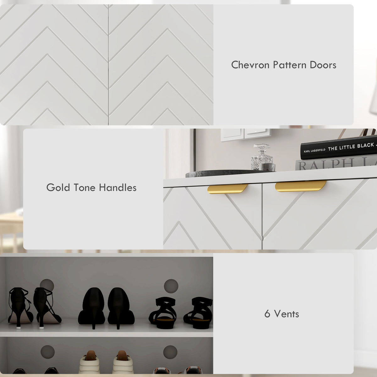 White Entryway Shoe Cabinet - 12 Pair Storage with Gold Base-Shoe Storage Cabinets-DECOROLALA