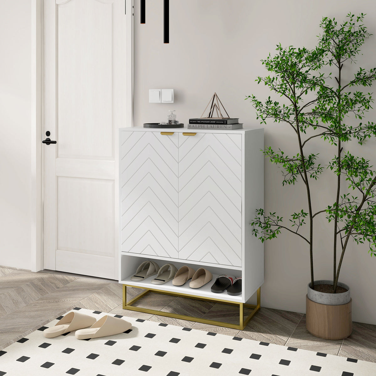 White Entryway Shoe Cabinet - 12 Pair Storage with Gold Base-Shoe Storage Cabinets-DECOROLALA